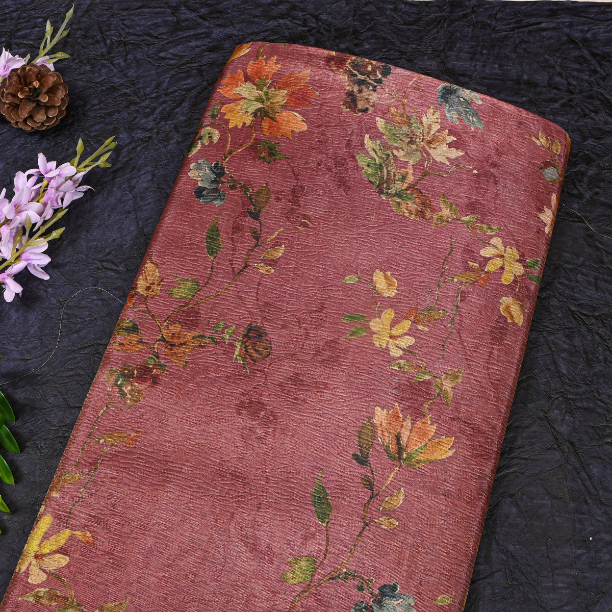 Rosewood Pink Wild Flower Print Tussar Silk Fabric