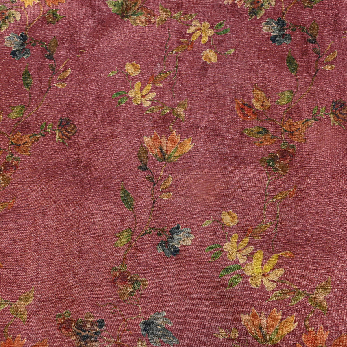 Rosewood Pink Wild Flower Print Tussar Silk Fabric