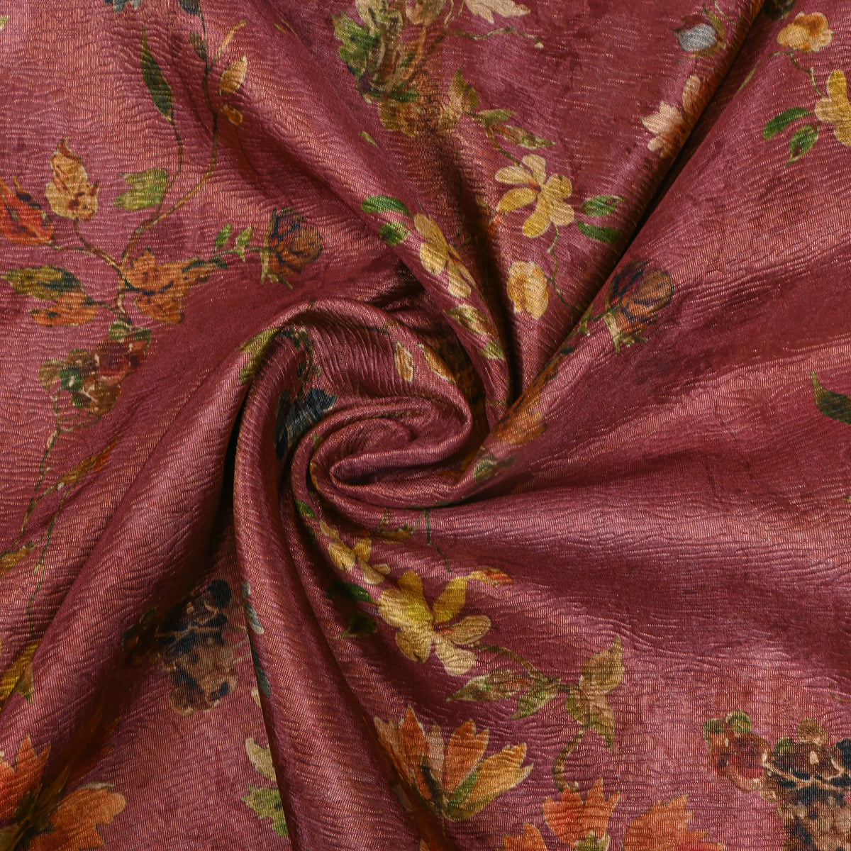 Rosewood Pink Wild Flower Print Tussar Silk Fabric