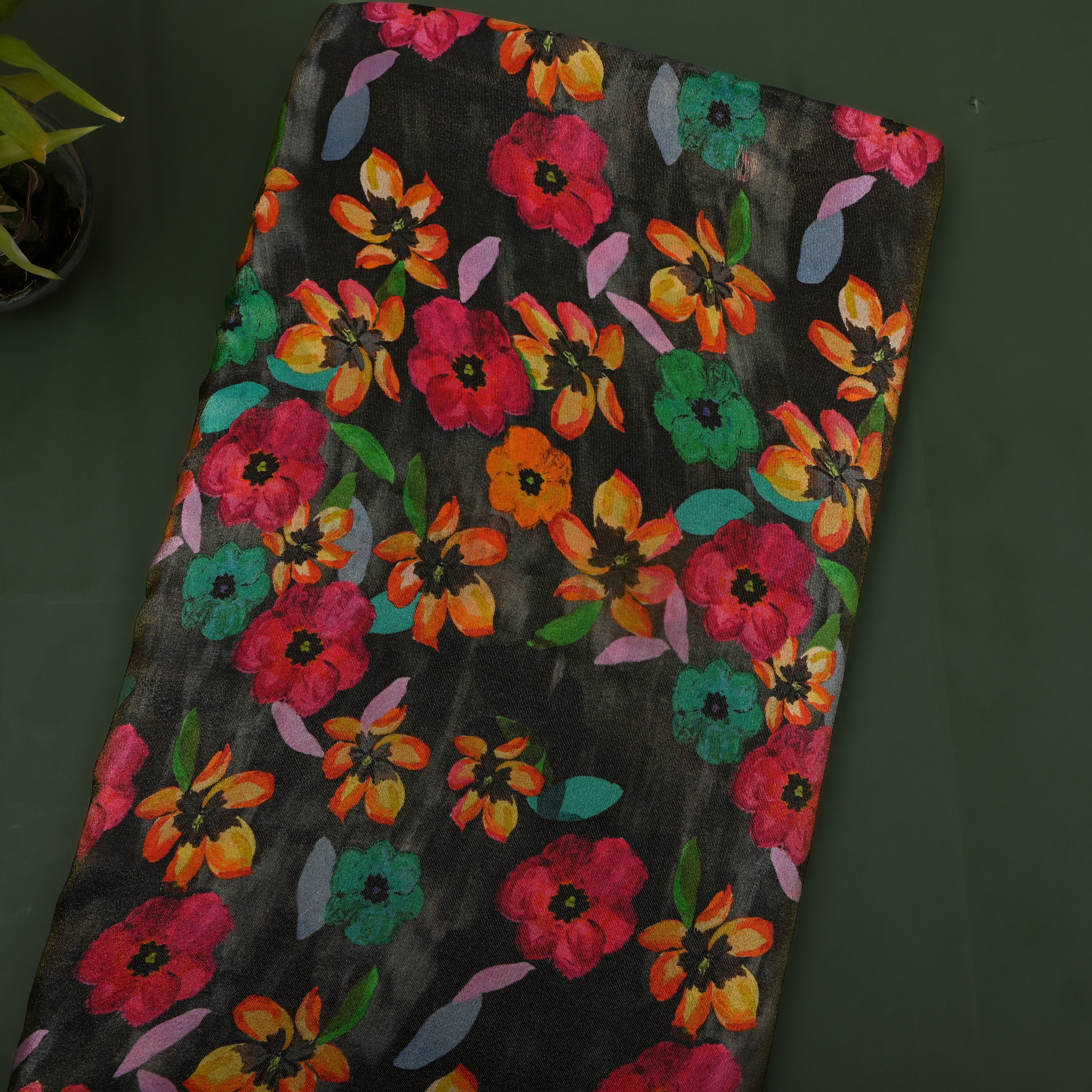 Charcoal Multicolour Floral Digital Print Tissue Fabric