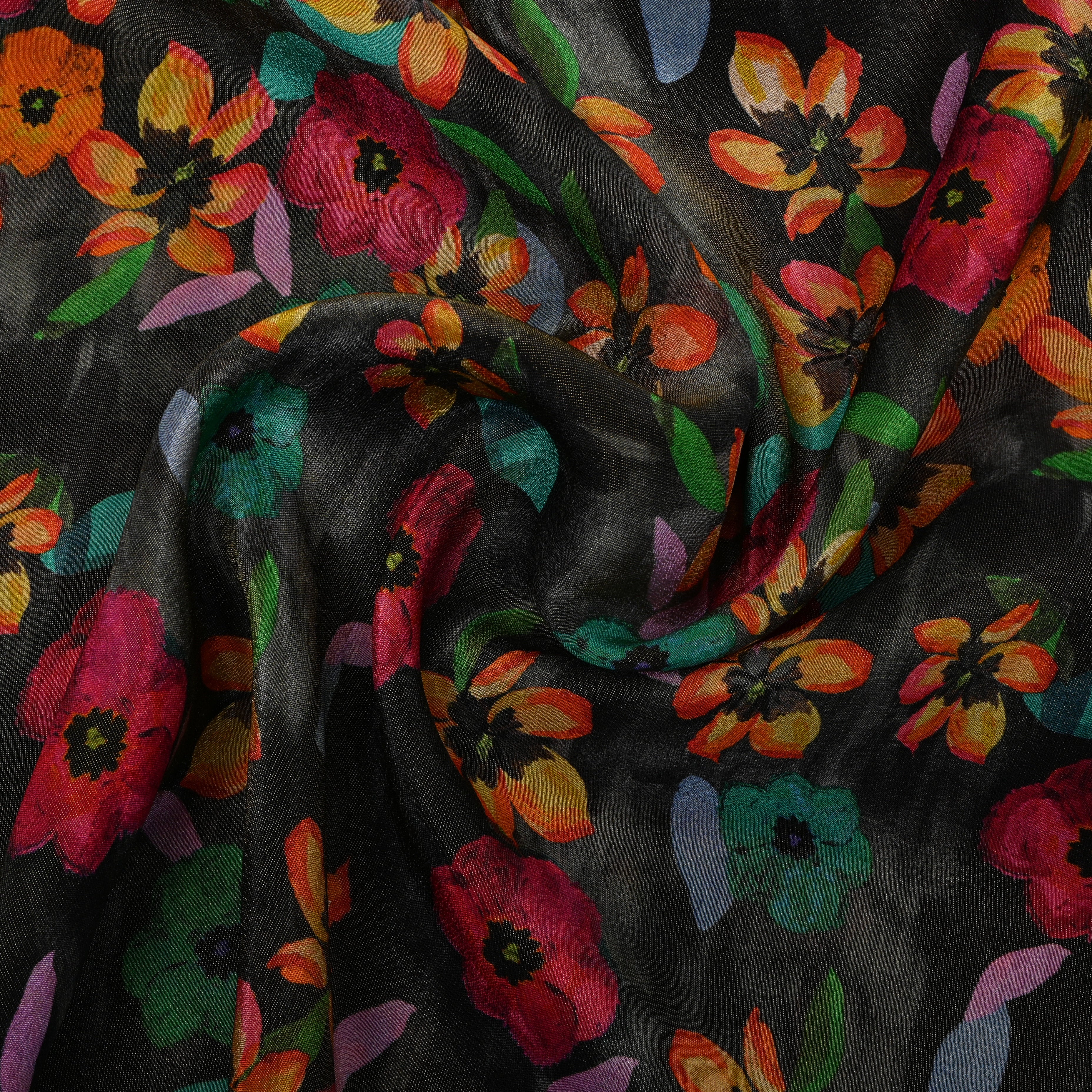 Charcoal Multicolour Floral Digital Print Tissue Fabric