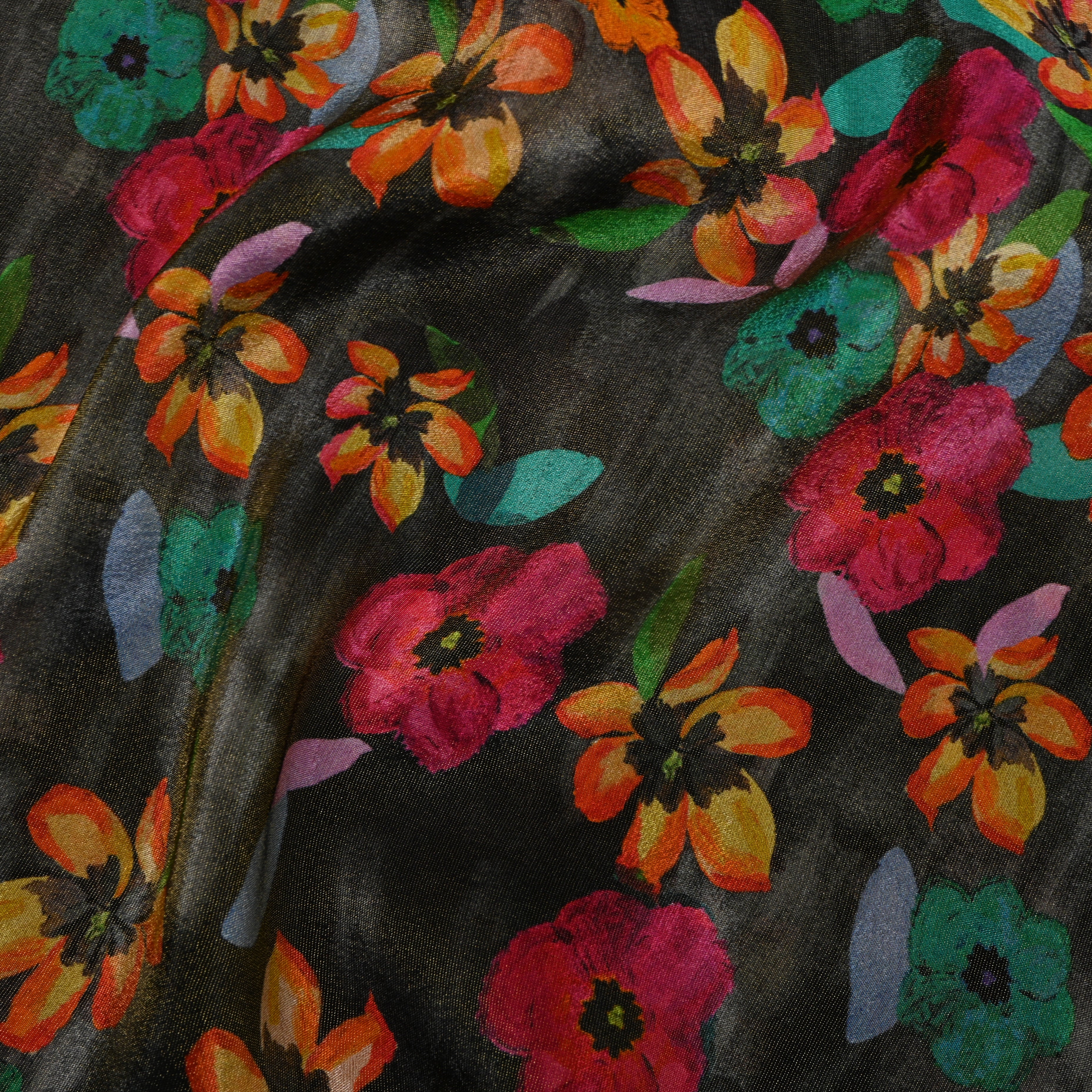 Charcoal Multicolour Floral Digital Print Tissue Fabric