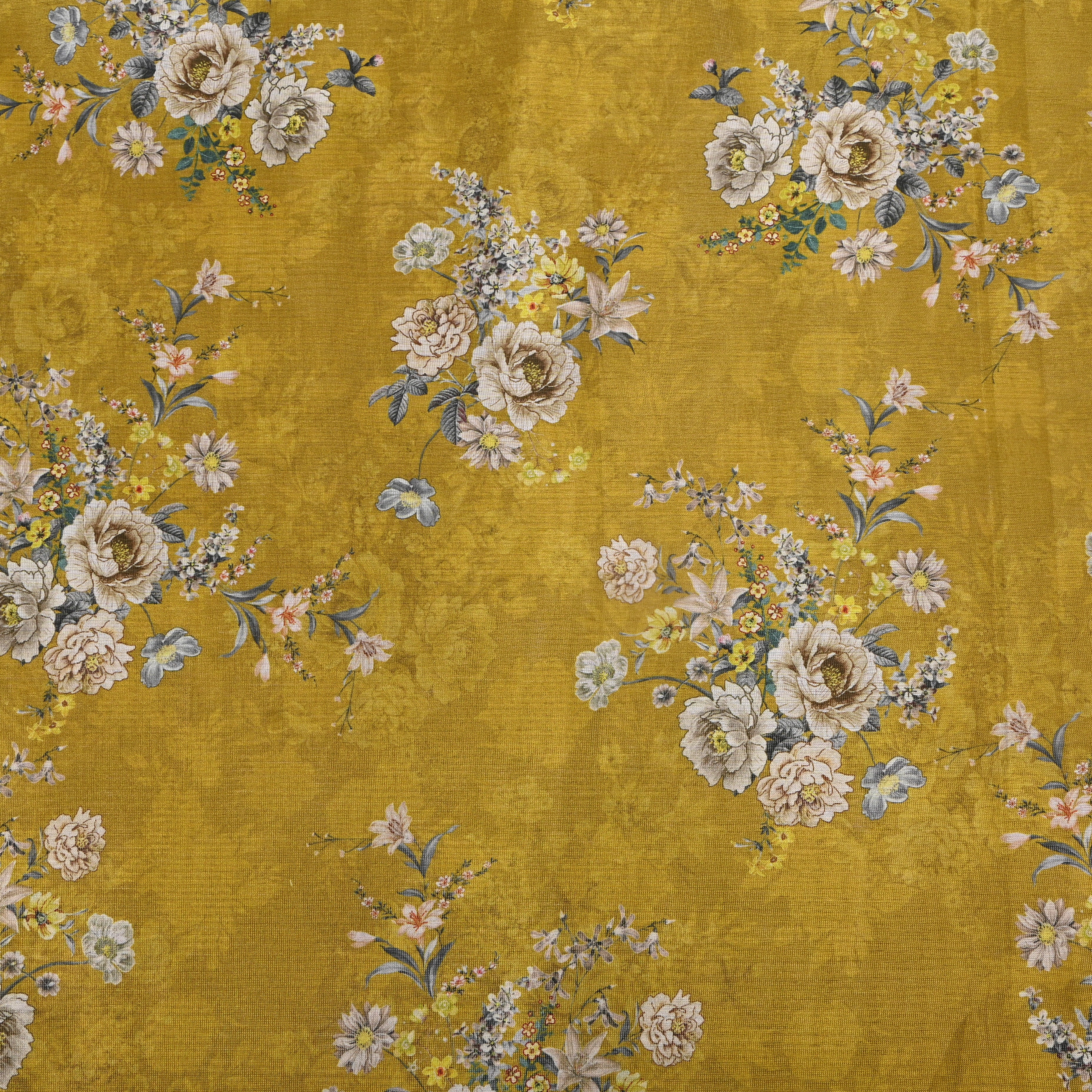 Mustard Yellow Floral Bouquet Tissue Embroidery Fabric