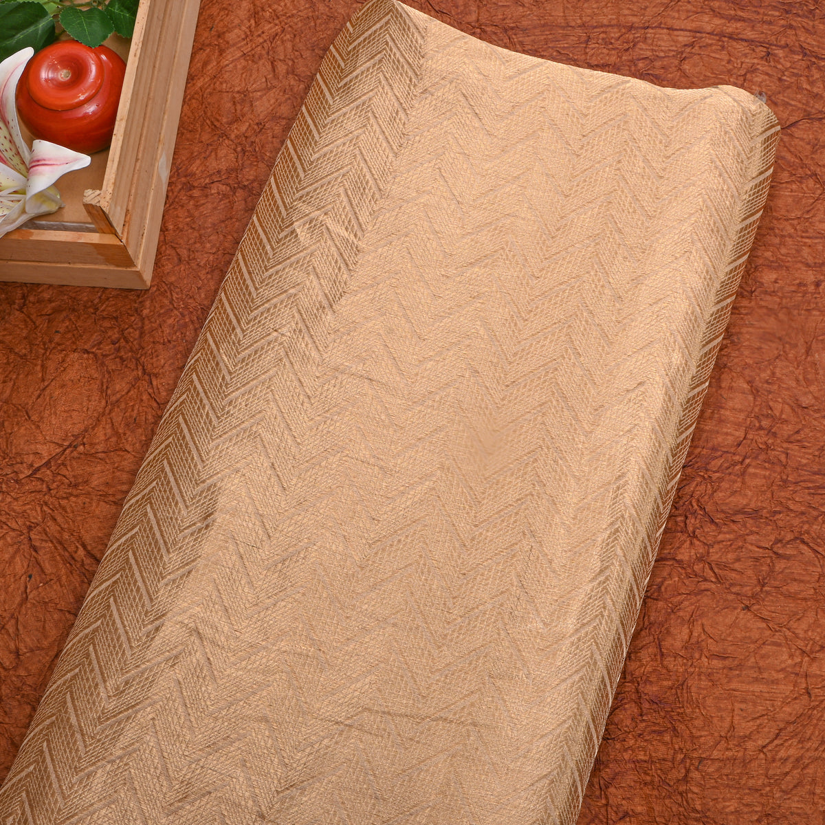 Amber Gold Zari Chevron Weave Jamawar Silk Fabric