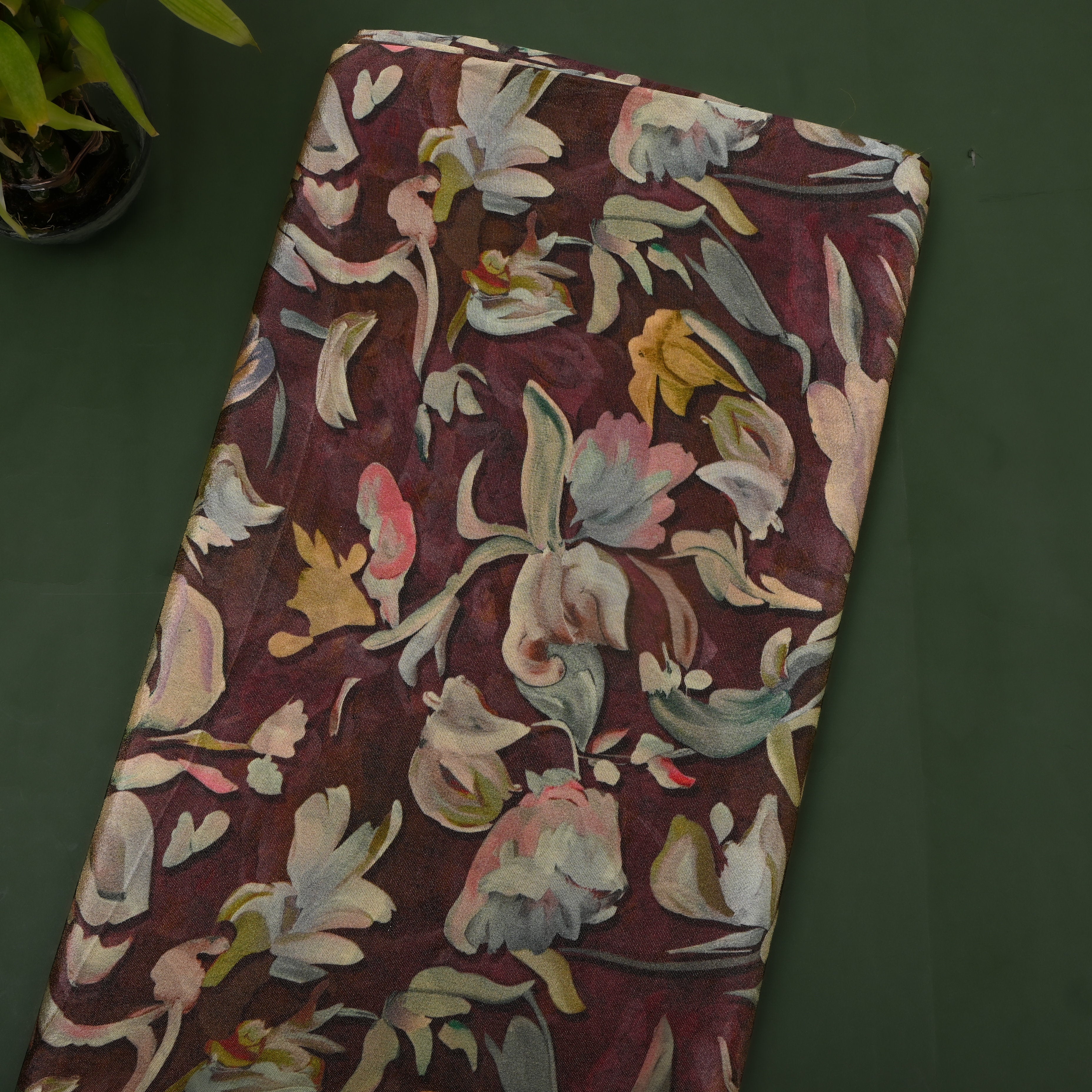 Wine Maroon Floral Digital Print Tissue Fabric