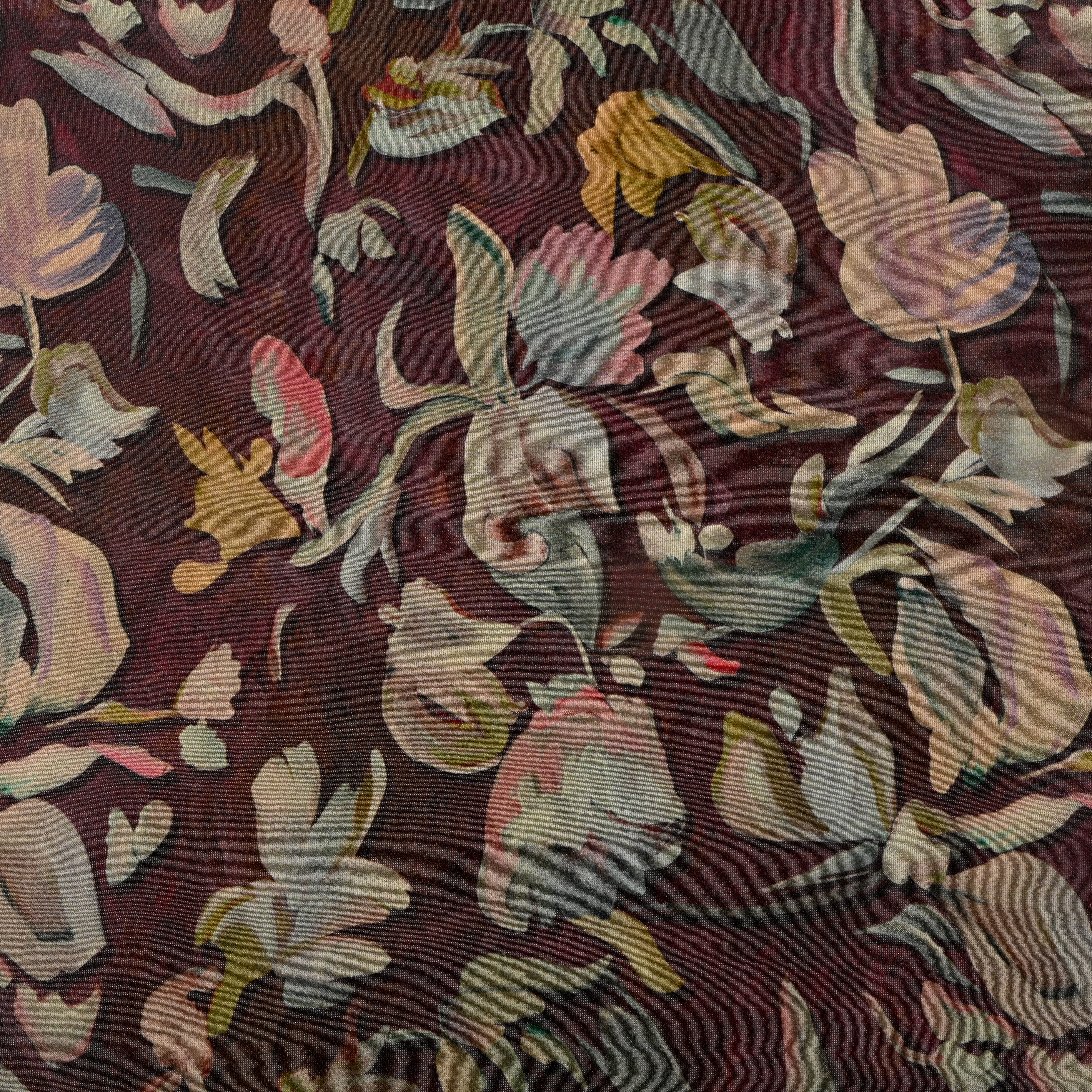 Wine Maroon Floral Digital Print Tissue Fabric