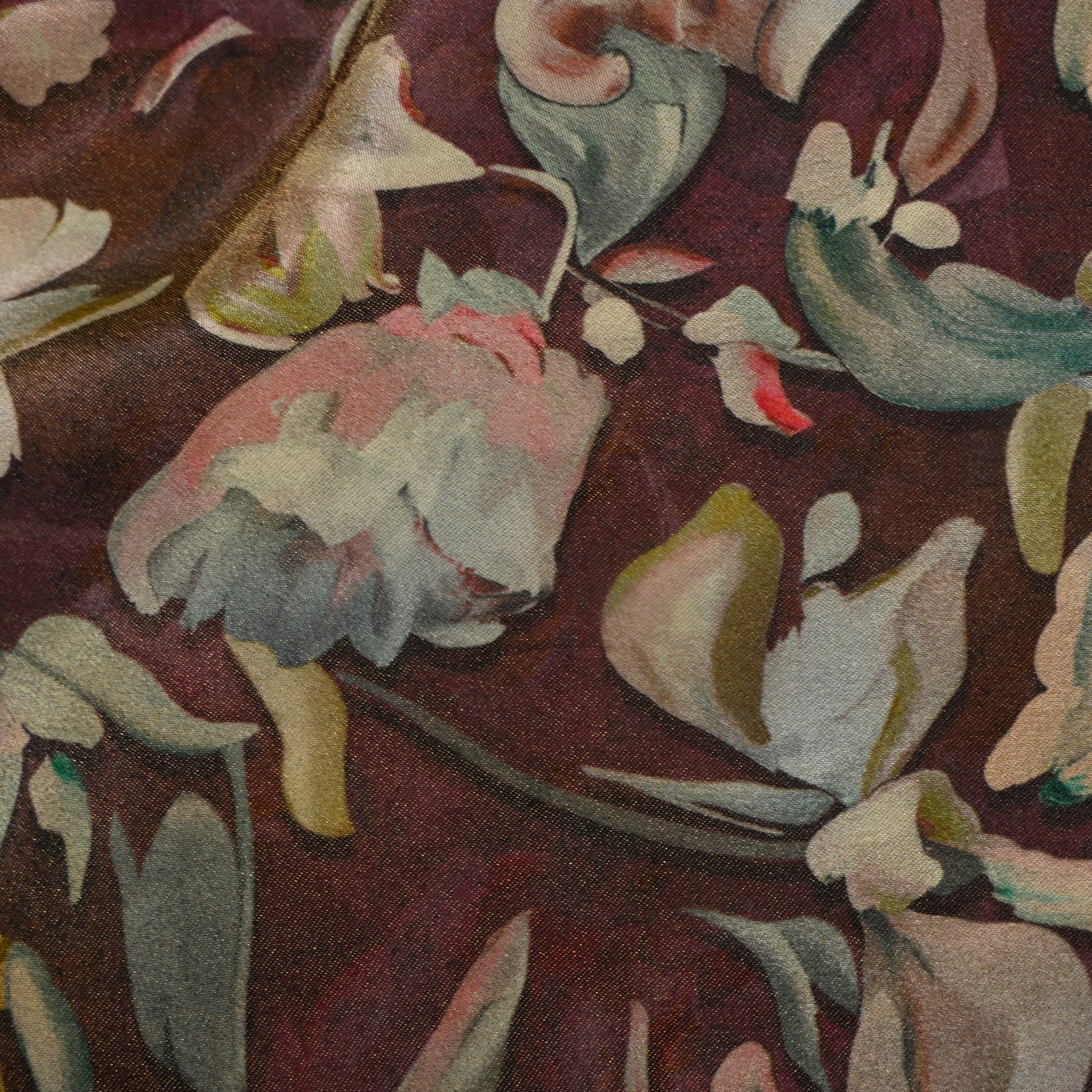 Wine Maroon Floral Digital Print Tissue Fabric