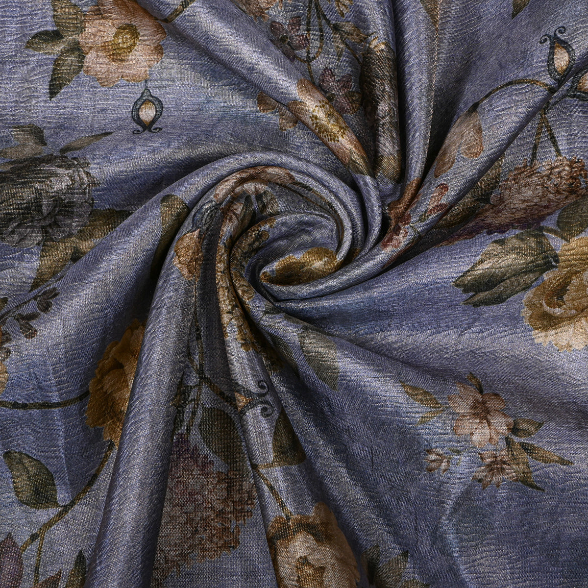 Periwinkle Rose And Hydrangea Print Tussar Silk Fabric