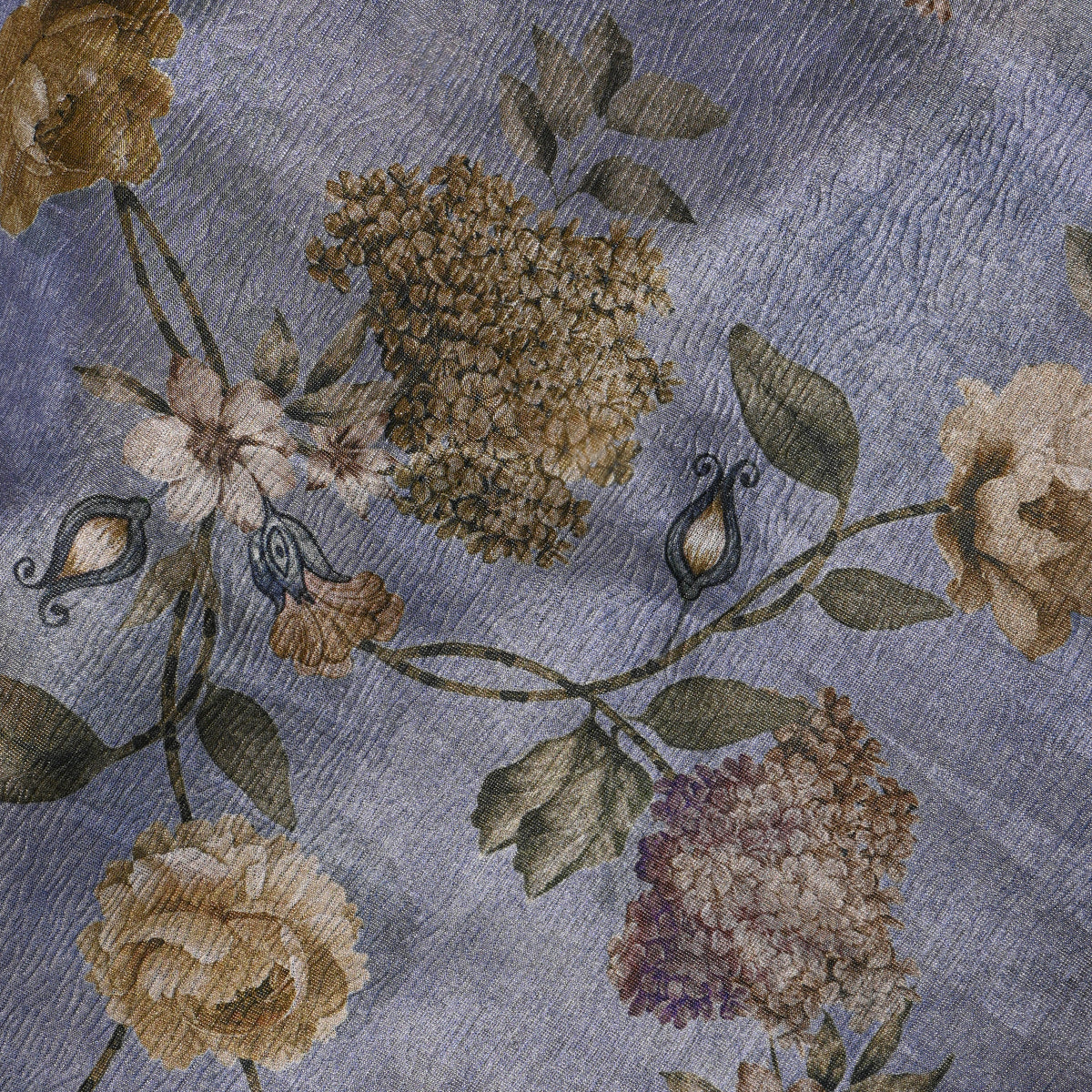 Periwinkle Rose And Hydrangea Print Tussar Silk Fabric