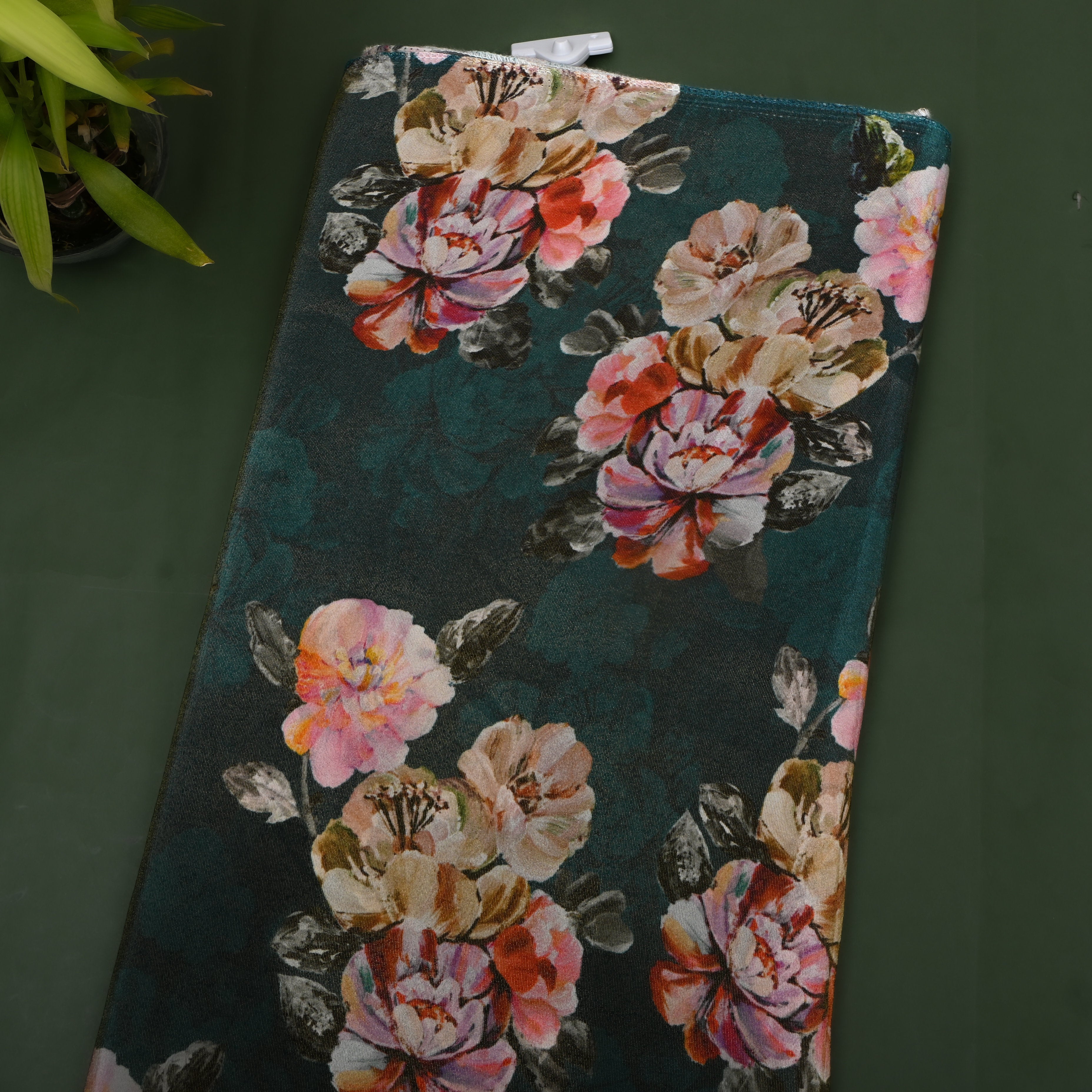 Bottle Green Floral Digital Print Tissue Fabric