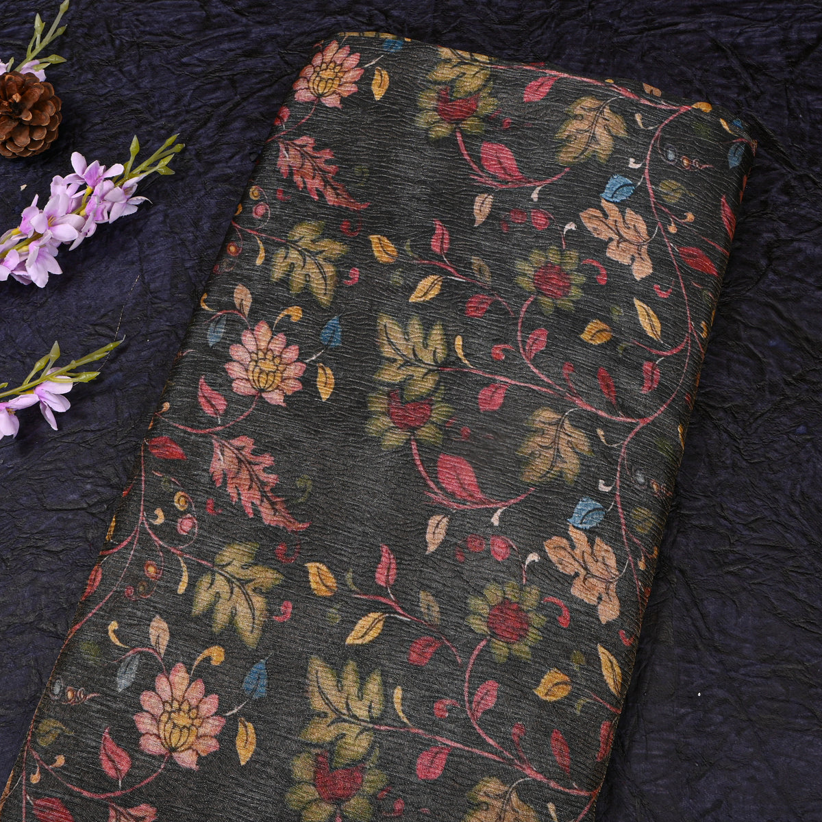 Jet Black Vine Floral Print Tussar Silk Fabric
