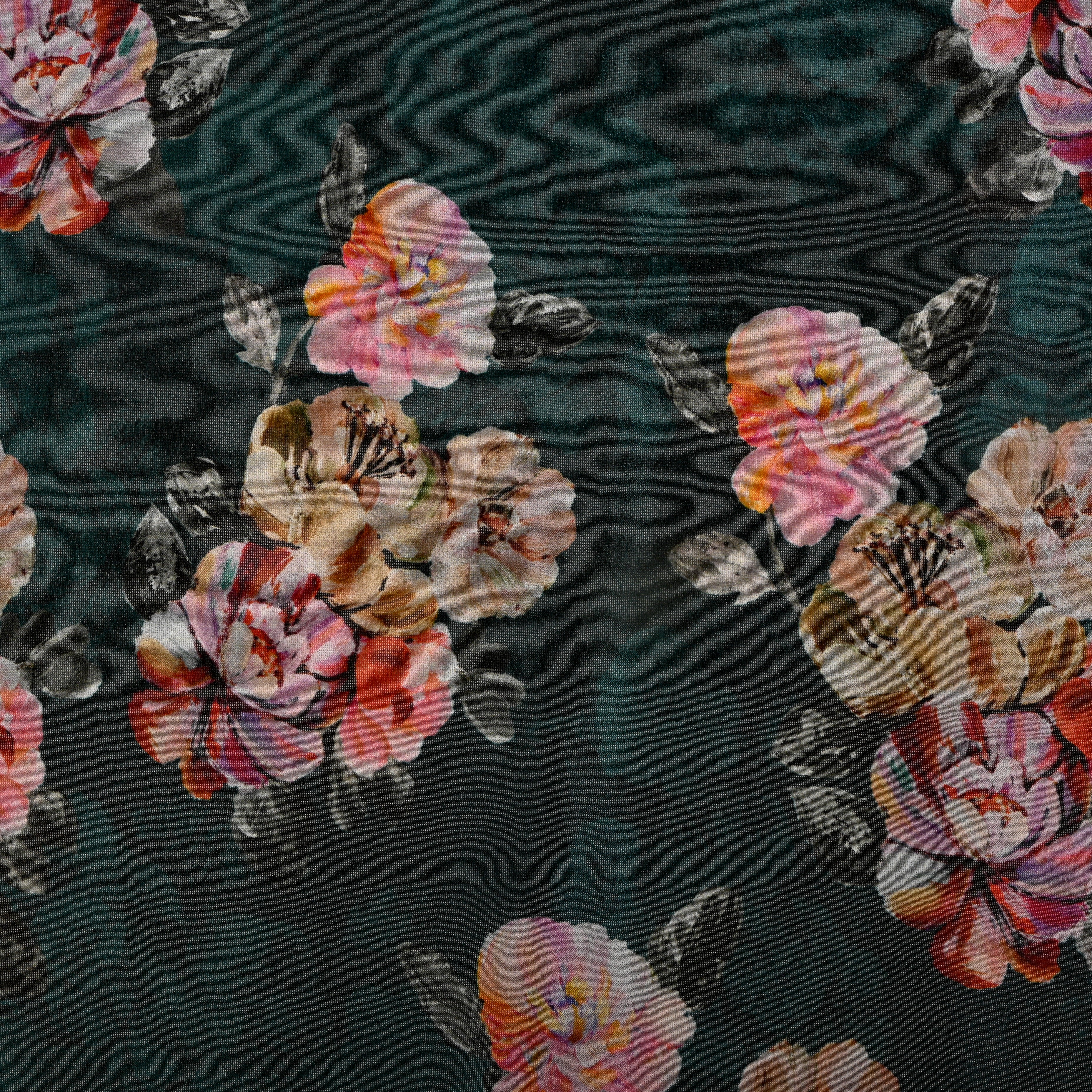Bottle Green Floral Digital Print Tissue Fabric