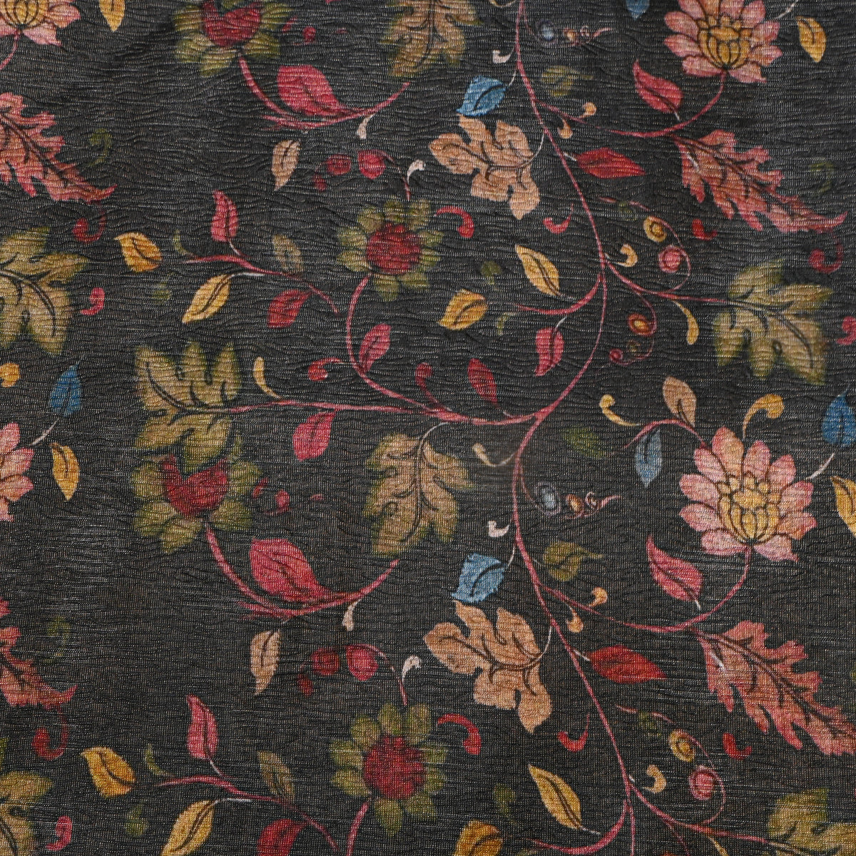 Jet Black Vine Floral Print Tussar Silk Fabric