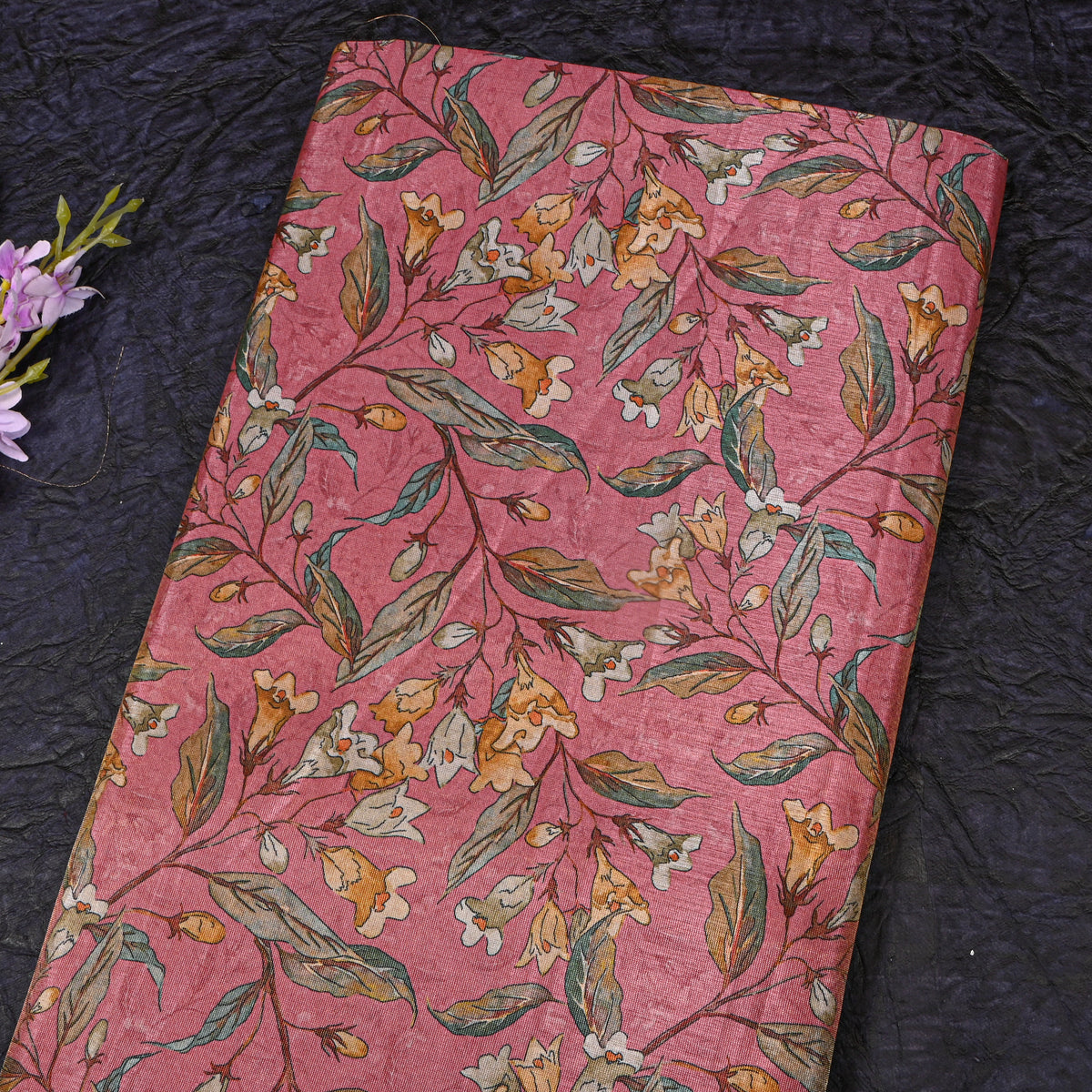 Blush Rose Floral Vine Tissue Fabric With Zari Border