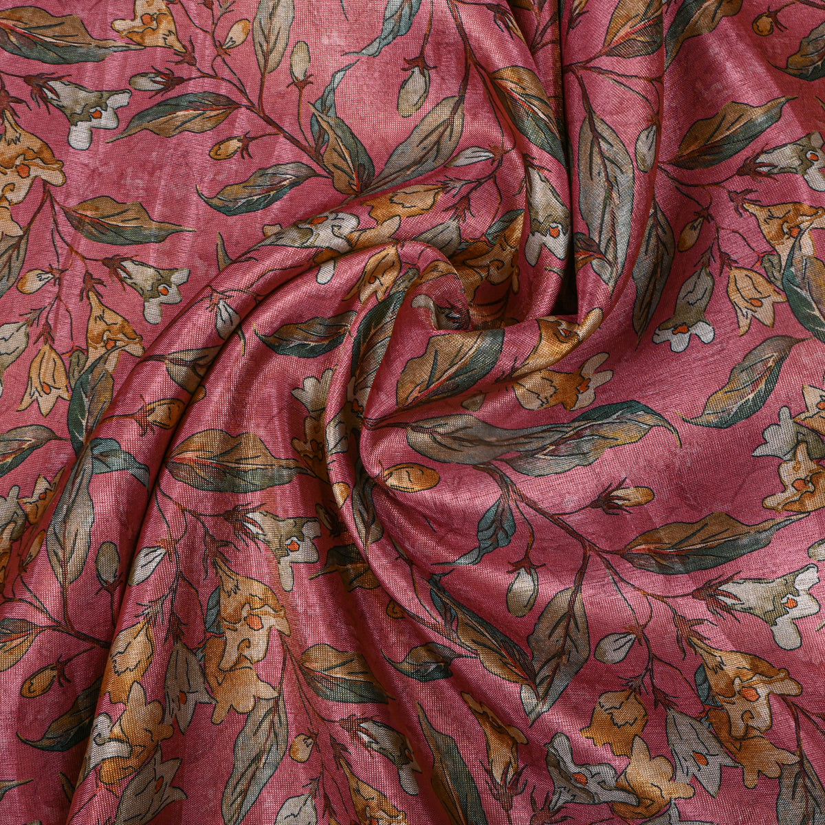 Blush Rose Floral Vine Tissue Fabric With Zari Border