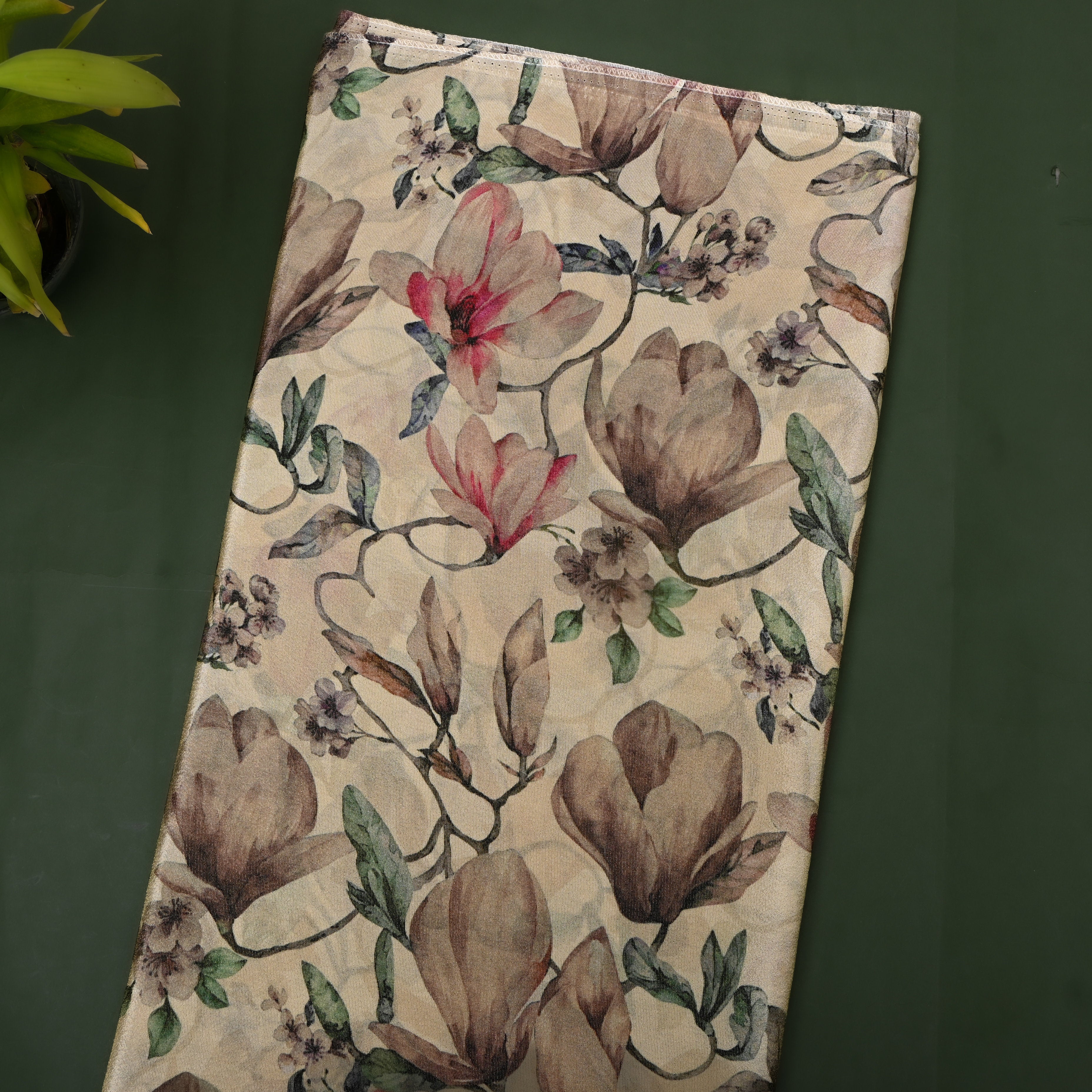 Beige Magnolia Digital Print Tissue Fabric