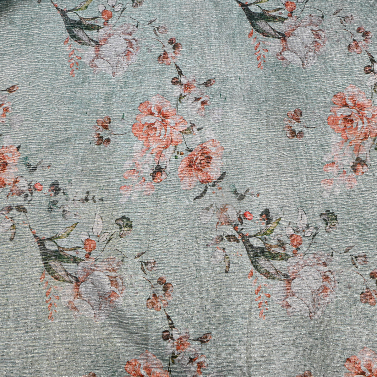 Seafoam Green Rose Spray Print Tussar Silk Fabric