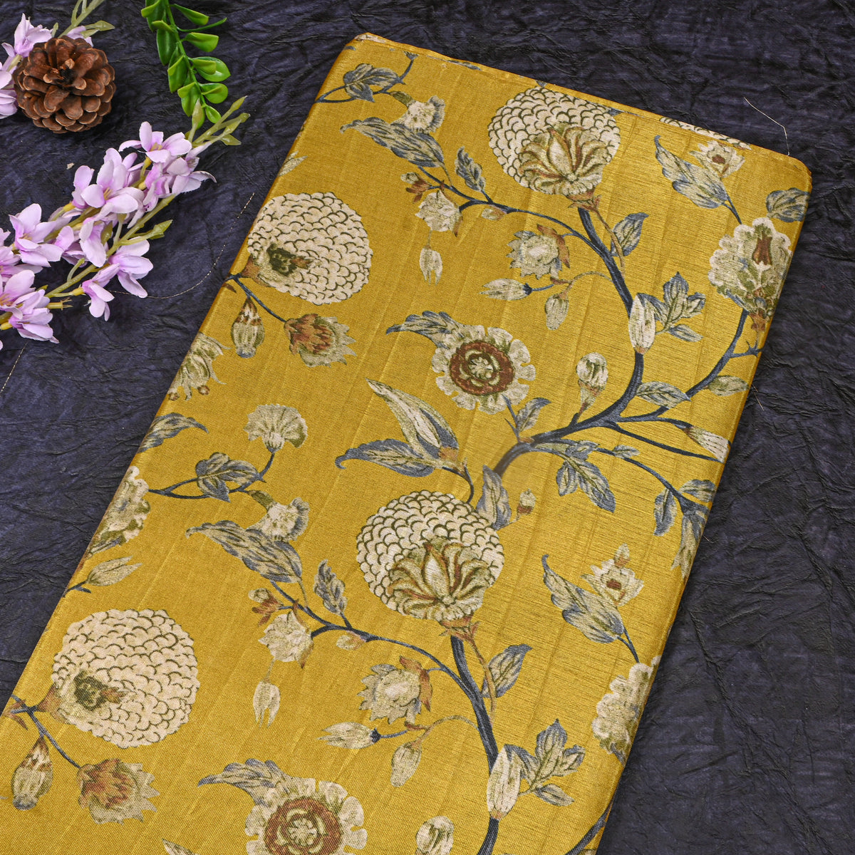 Mustard Yellow Vine Floral Tissue Fabric With Gold Border
