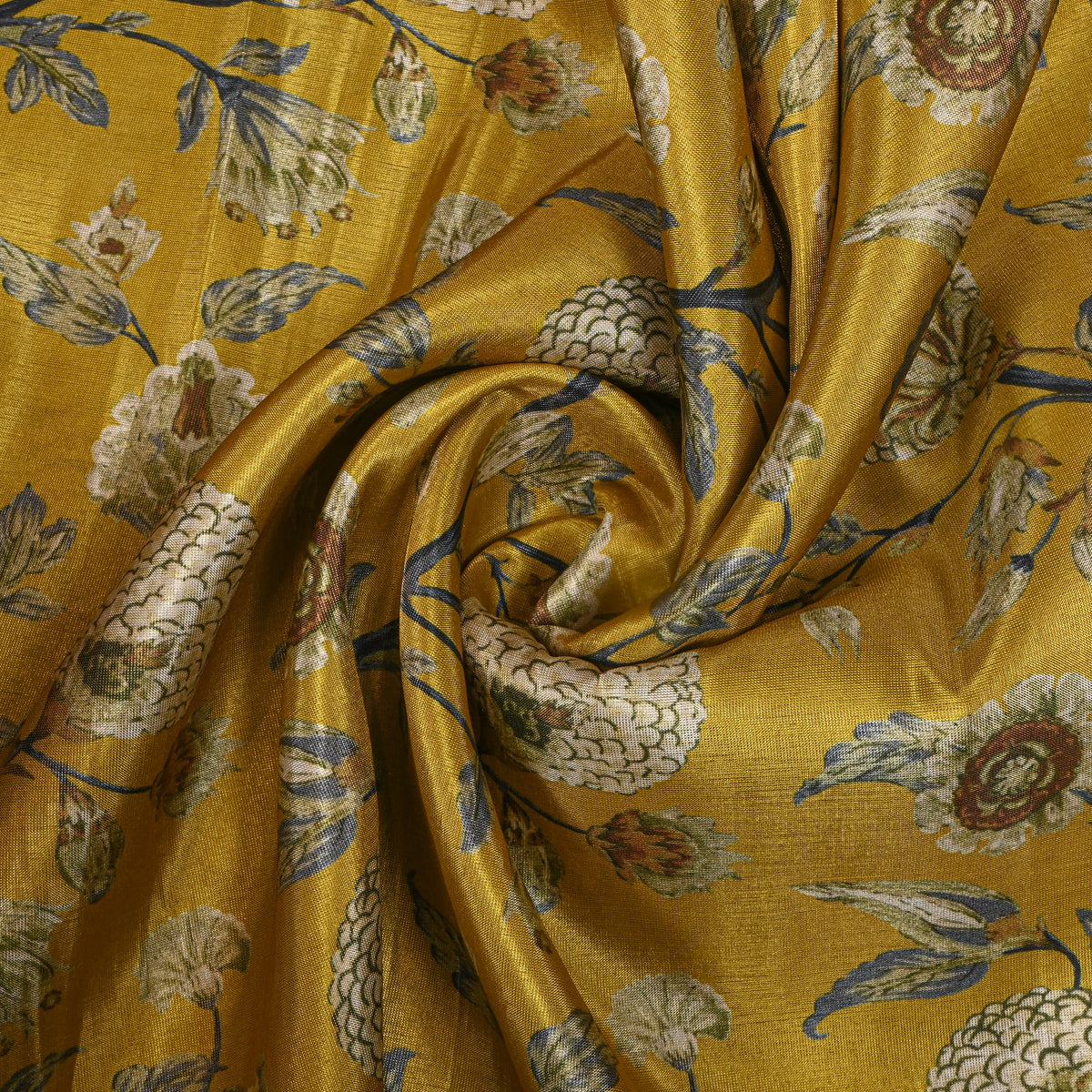 Mustard Yellow Vine Floral Tissue Fabric With Gold Border