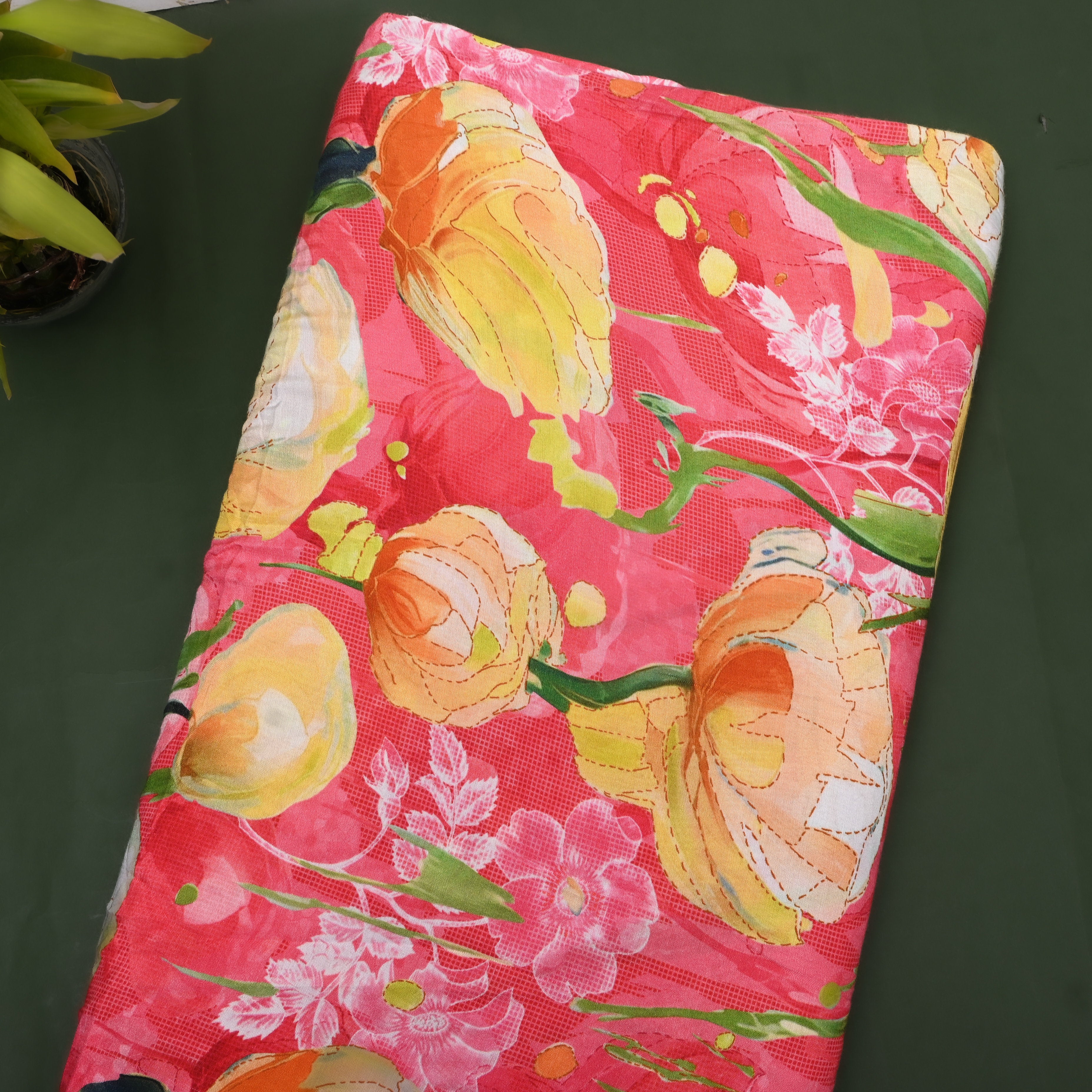 Coral Pink Floral Printed Organza Fabric