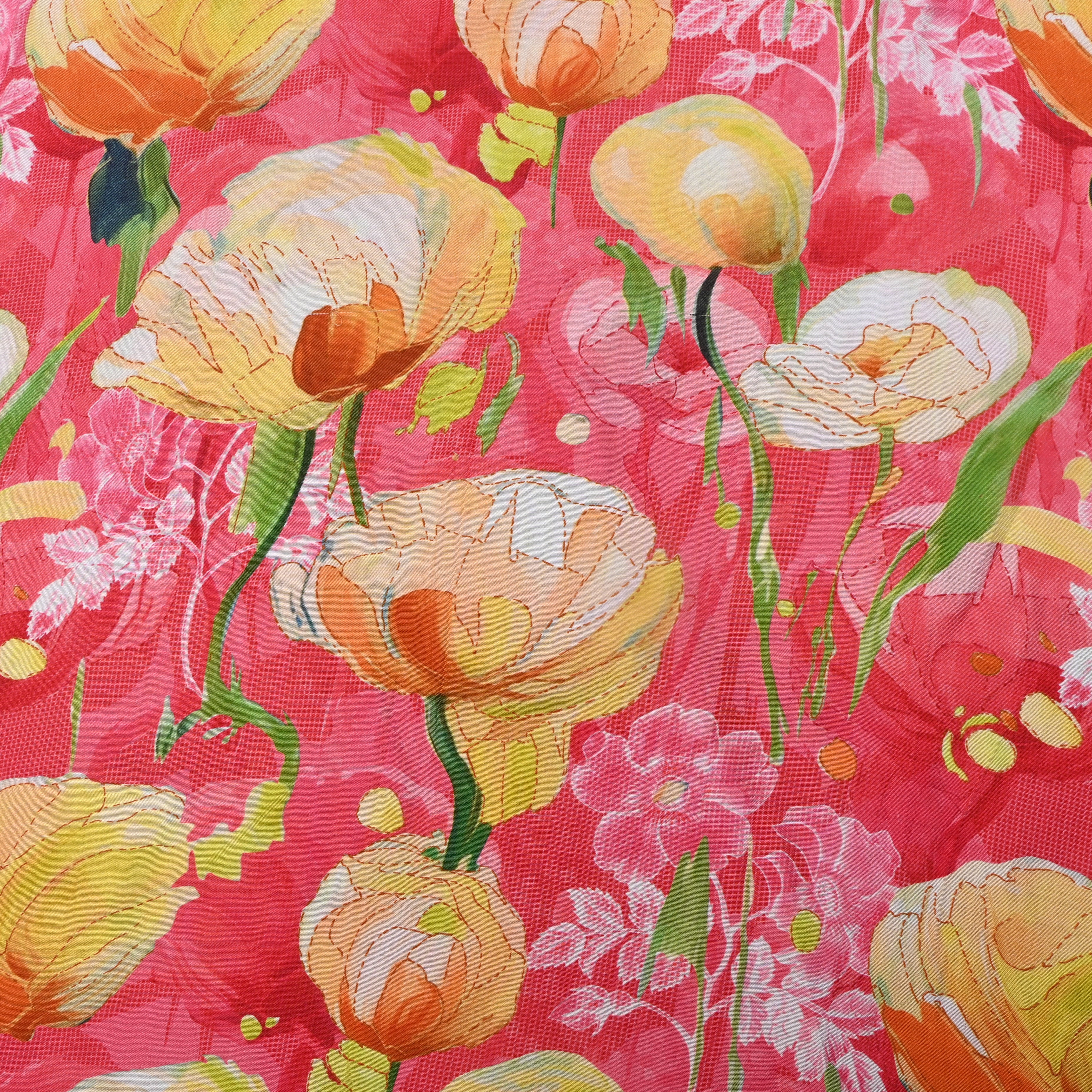 Coral Pink Floral Printed Organza Fabric