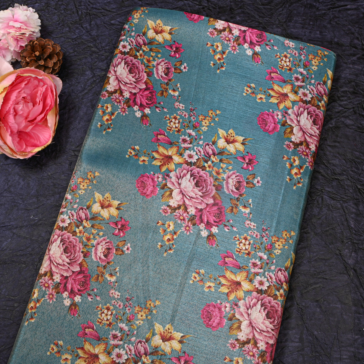 Teal Green Floral Cluster Tissue Fabric With Zari Border