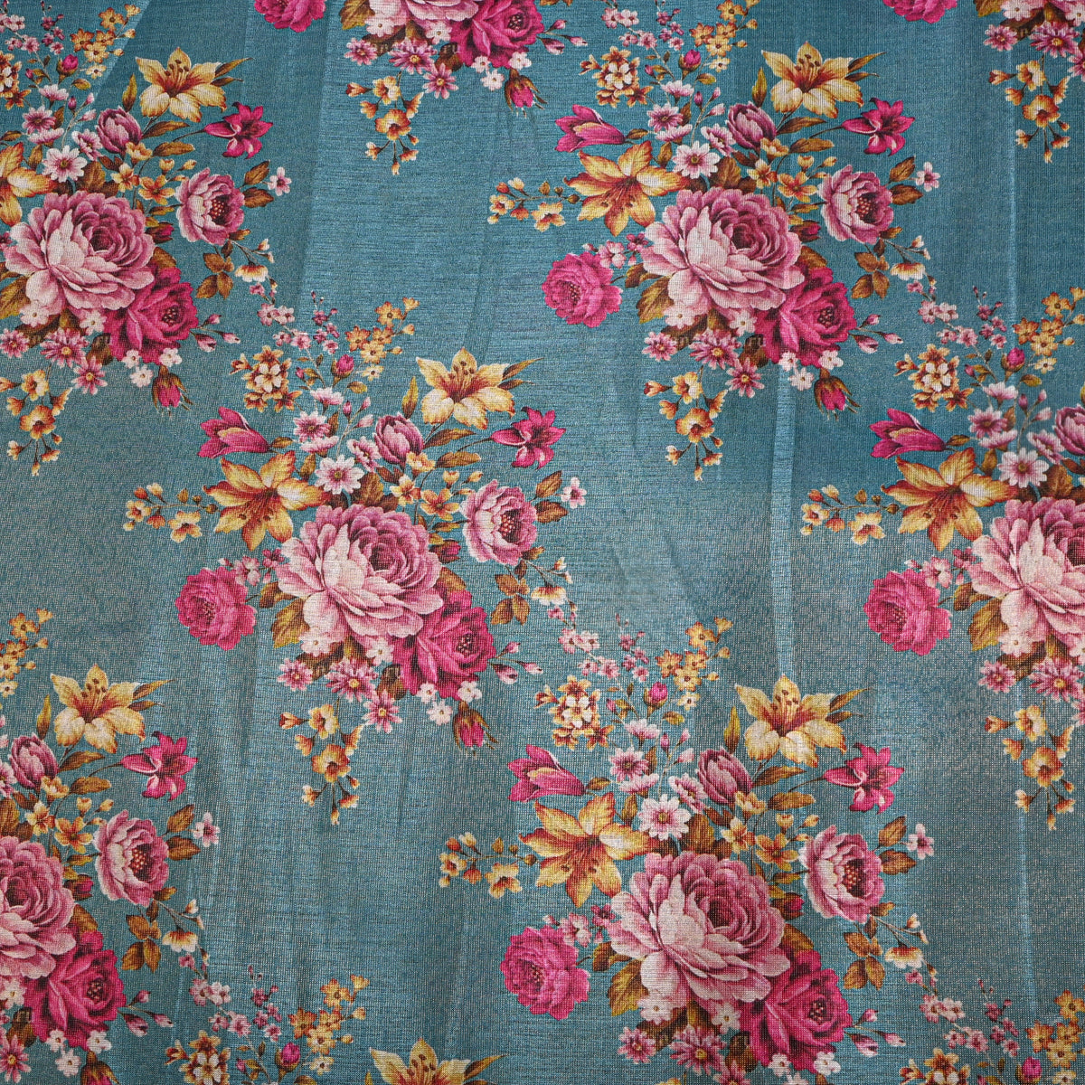 Teal Green Floral Cluster Tissue Fabric With Zari Border