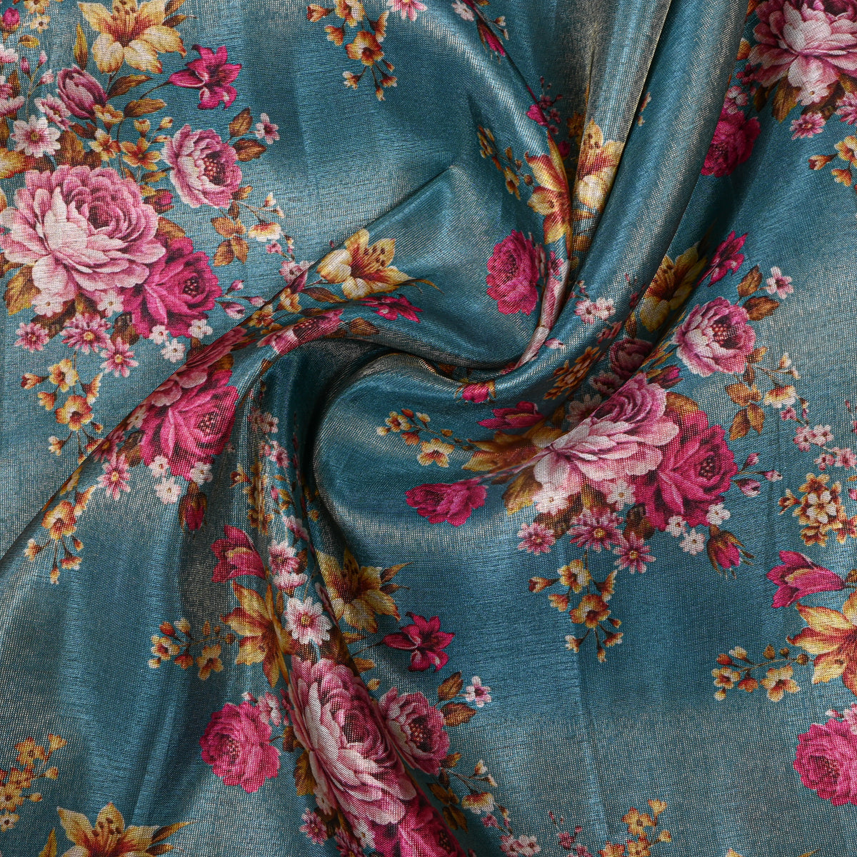 Teal Green Floral Cluster Tissue Fabric With Zari Border