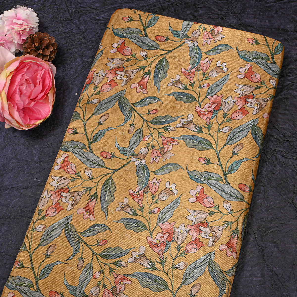 Golden Ochre Floral Printed Tissue Fabric