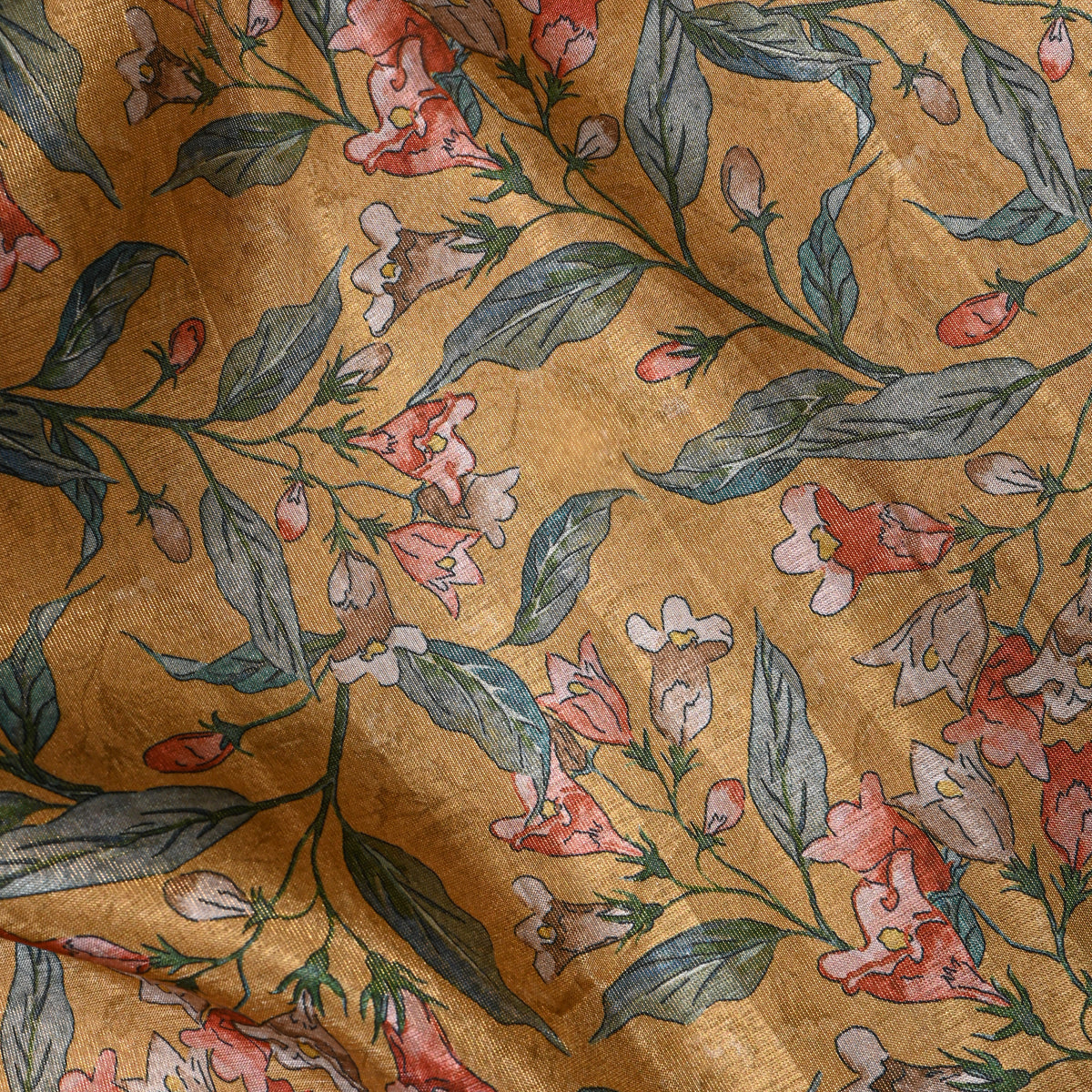 Golden Ochre Floral Printed Tissue Fabric