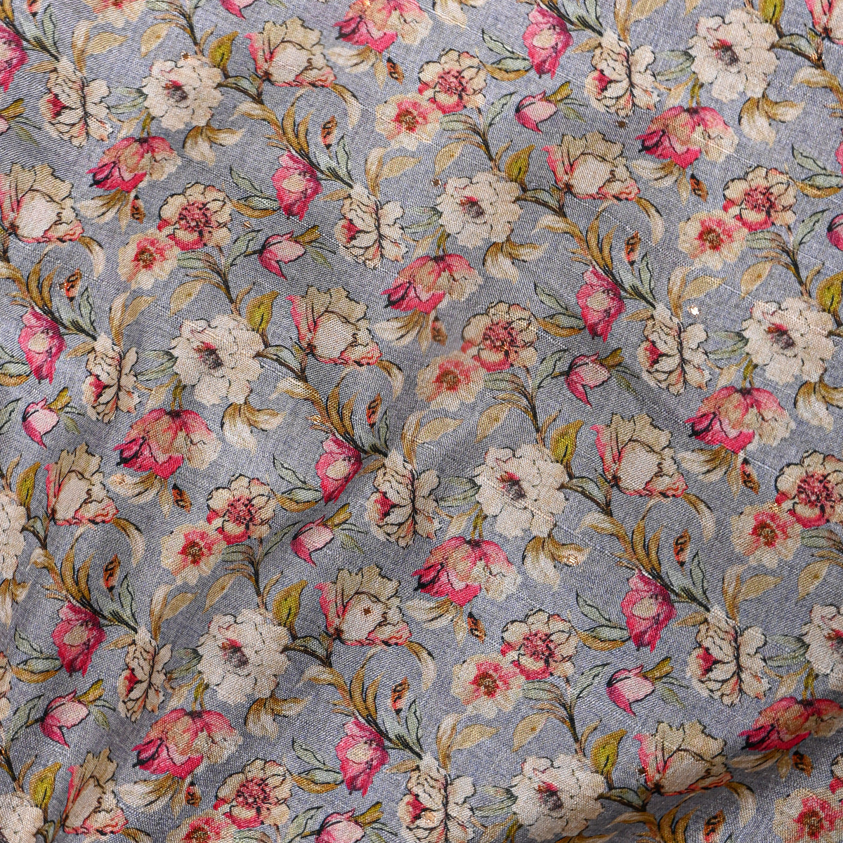 Steel Blue Dense Rose Floral Print Tussar Silk Fabric