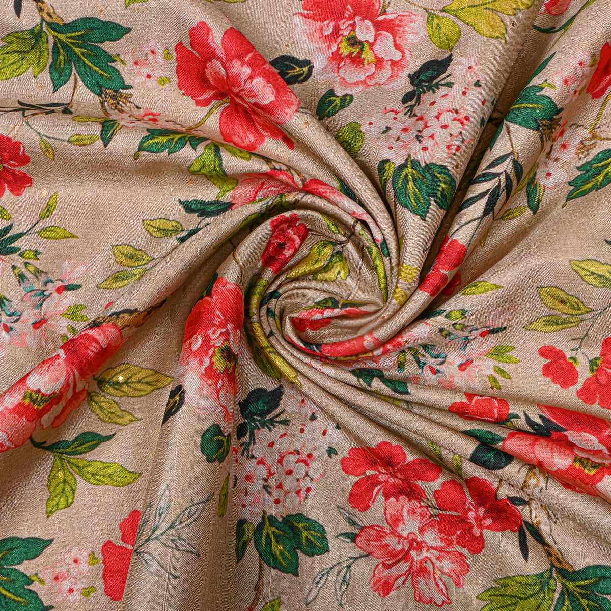 Oatmeal Large Floral Print Tussar Silk Fabric