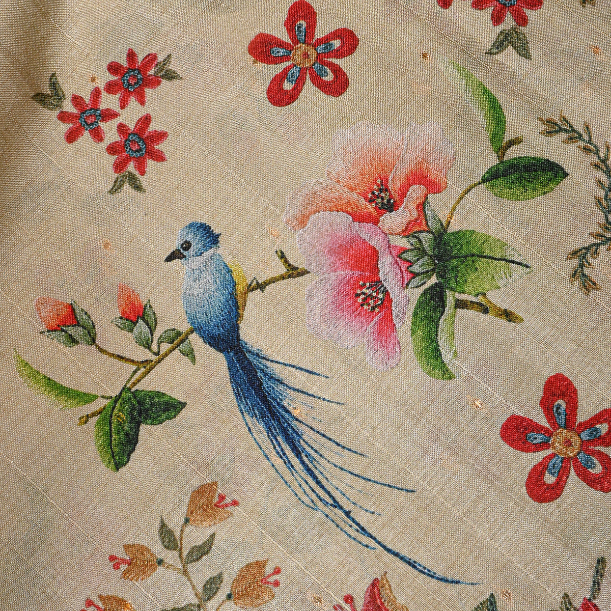 Biscuit Bird And Floral Print Tussar Silk Fabric