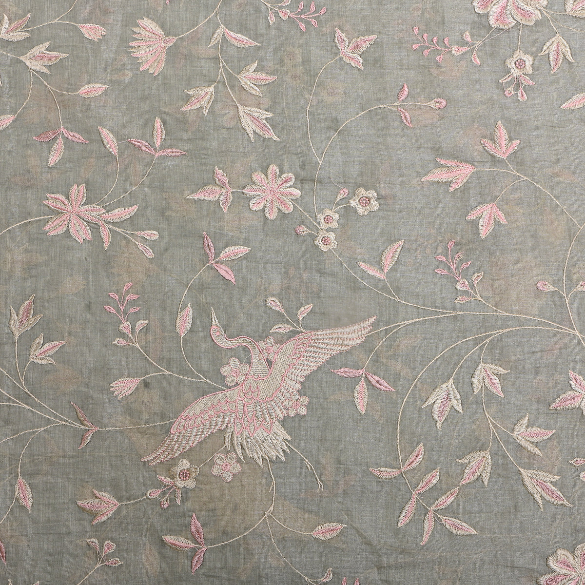 Slate Grey Floral Jaal Thread Work Tissue Fabric