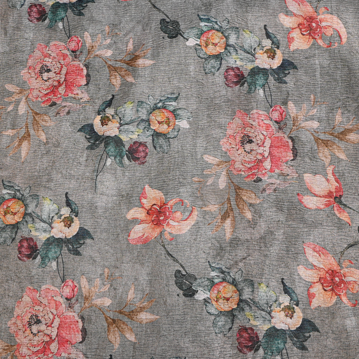 Slate Grey Peony Print Tussar Silk Fabric