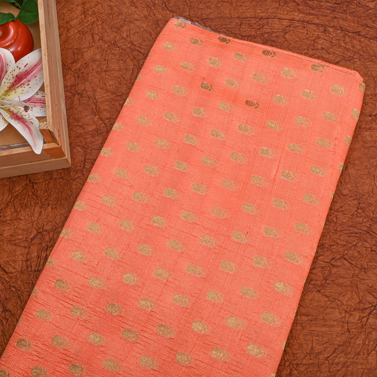 Persimmon Orange Gold Zari Floral Butti Jamawar Silk Fabric