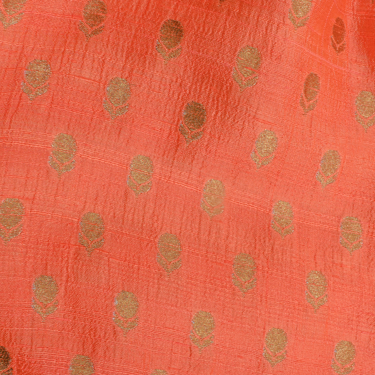 Persimmon Orange Gold Zari Floral Butti Jamawar Silk Fabric