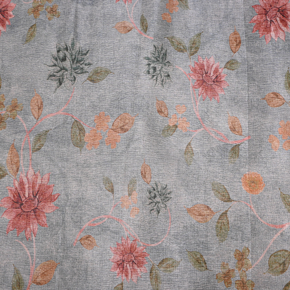 Ash Grey Pink Dahlia Print Tussar Silk Fabric