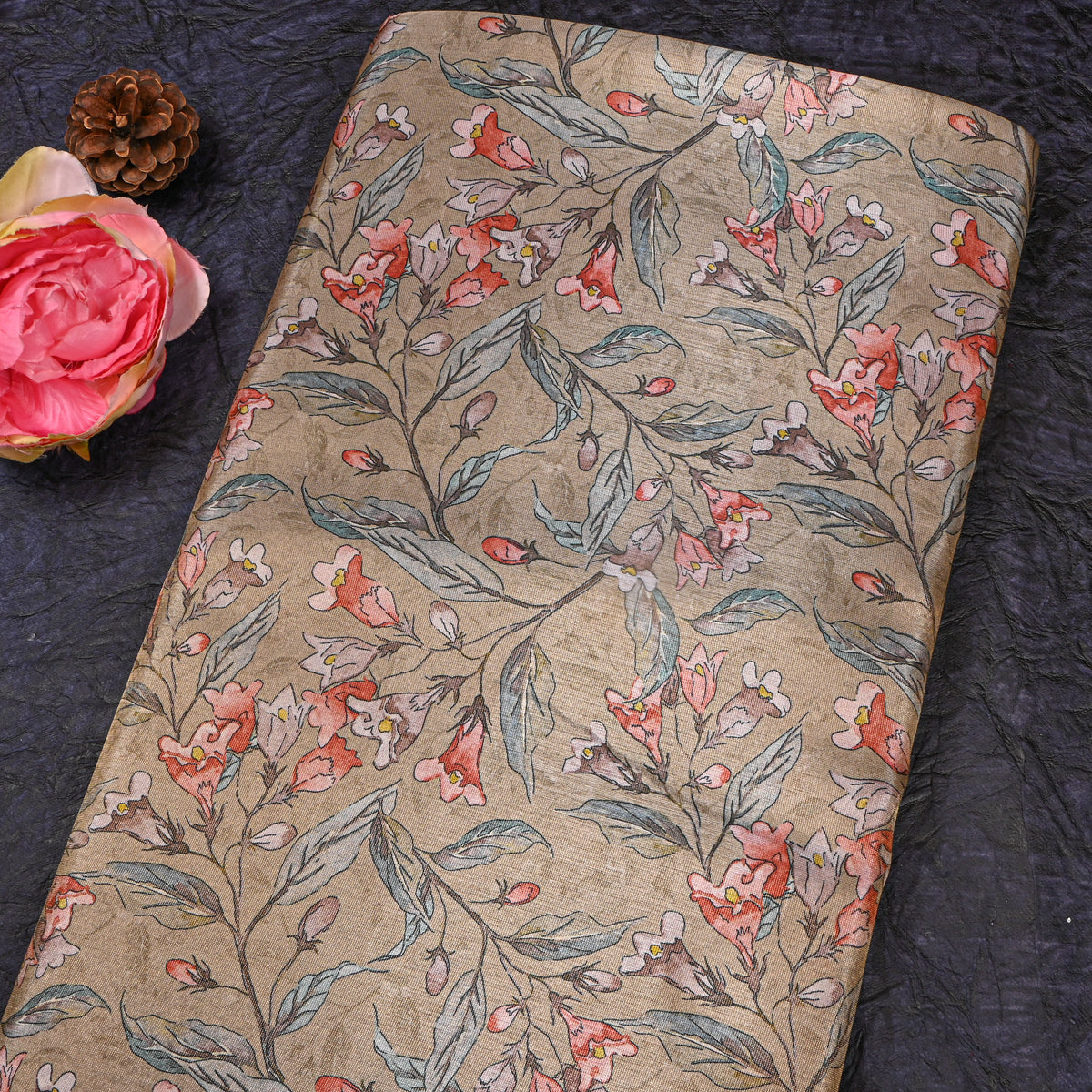 Sand Beige Vine Floral Printed Tissue Fabric