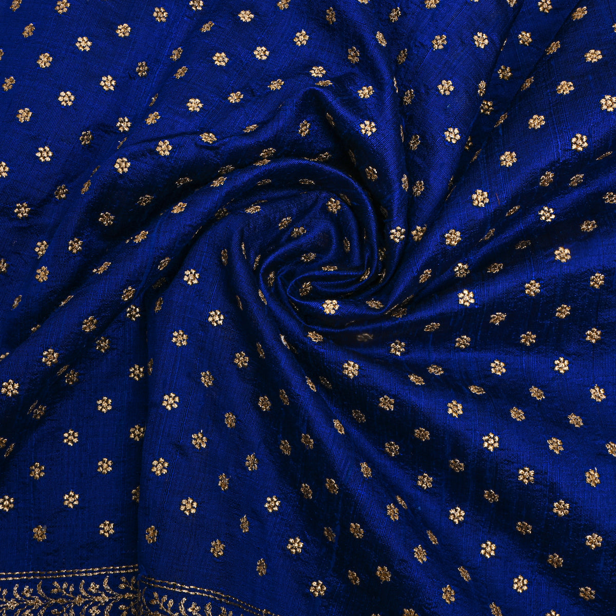 Dark Blue Gold Zari Floral Butti Embroidery Raw Silk Fabric