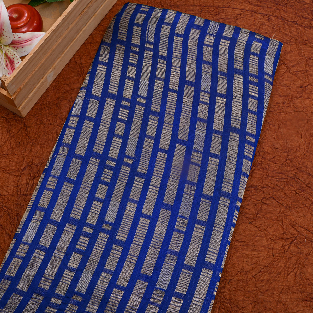 Blue Self Gold Stripe Banarasi Silk Fabric