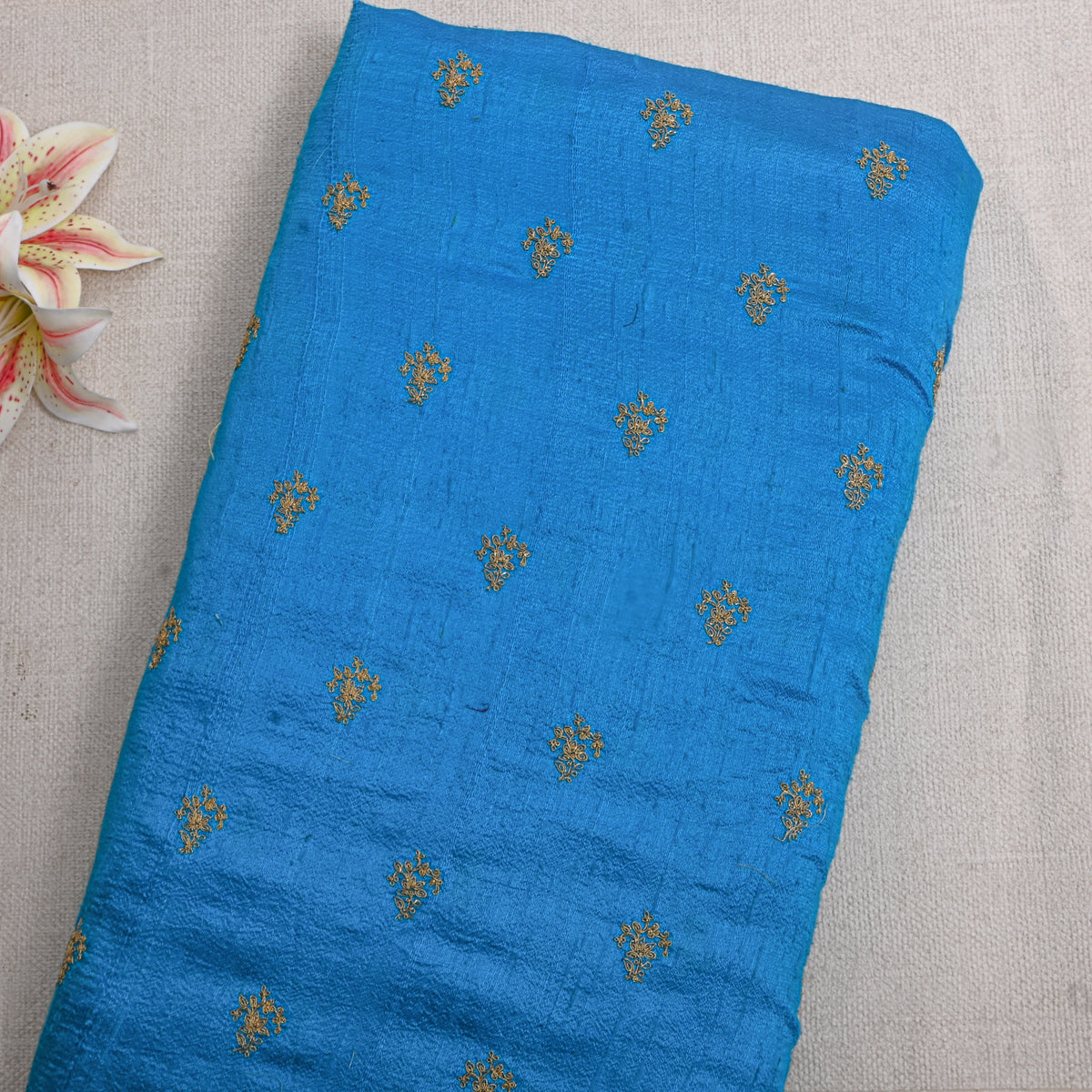 Bright Sky Blue With Silver Zari Butti Raw Silk Fabric