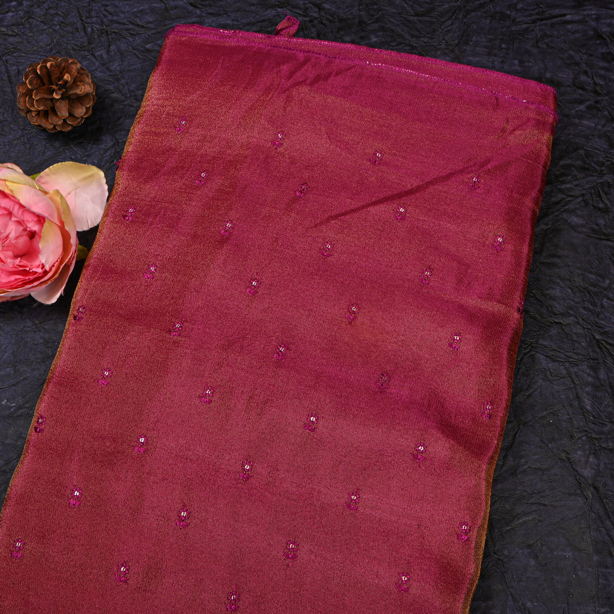 Beetroot Wine Floral Butti Thread Work Tissue Fabric