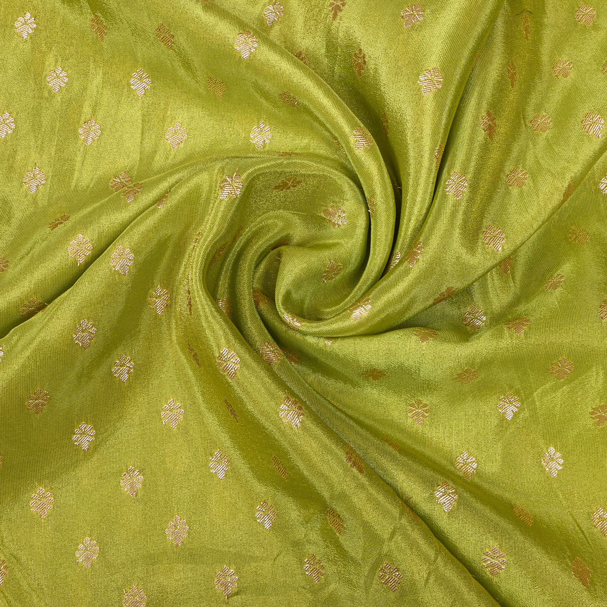 Parrot Green Gold Zari Butti Self Weave Jamawar Tissue Fabric