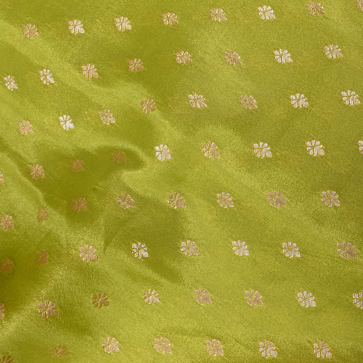 Parrot Green Gold Zari Butti Self Weave Jamawar Tissue Fabric