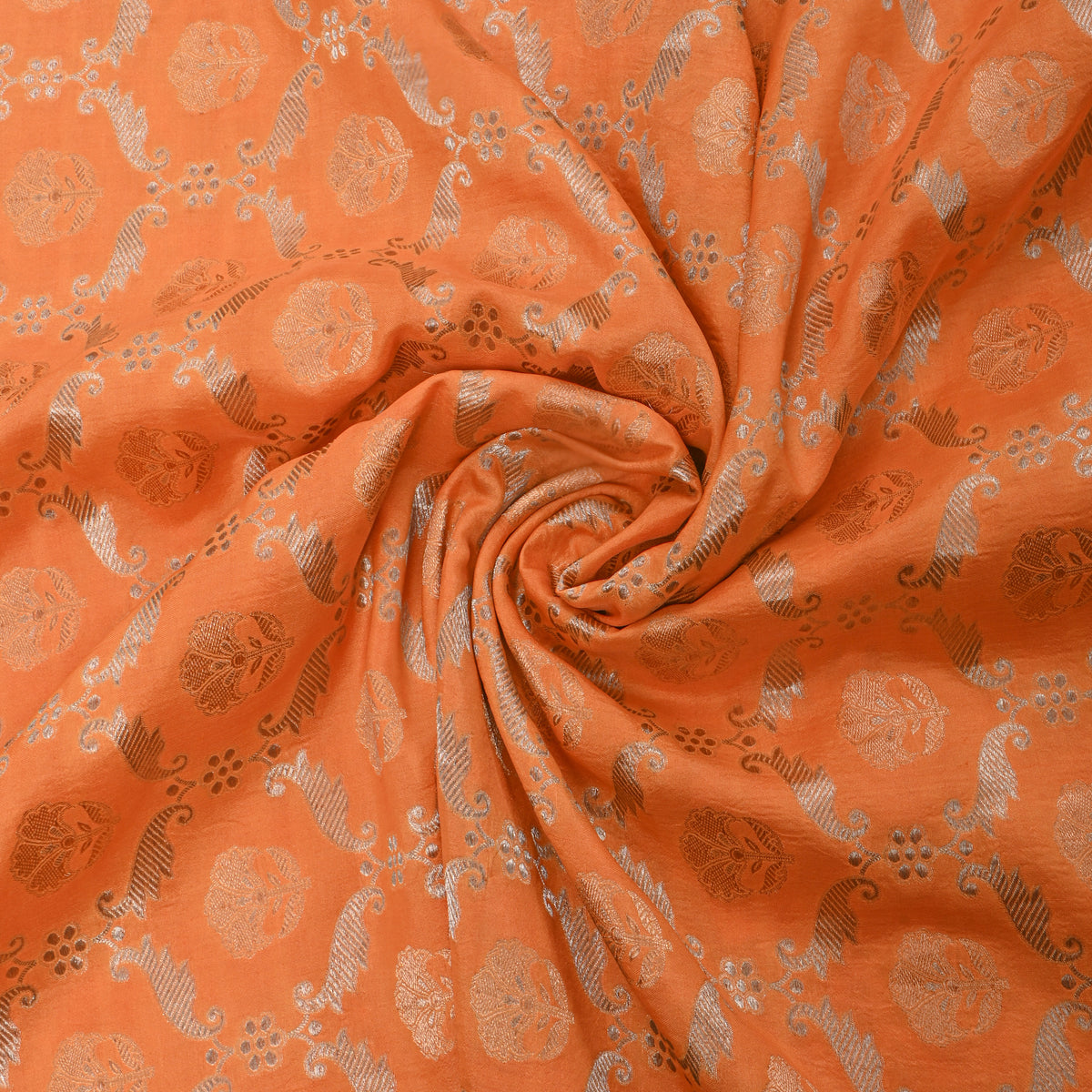 Orange Gold Zari Geometric Motif Jamawar Silk Fabric