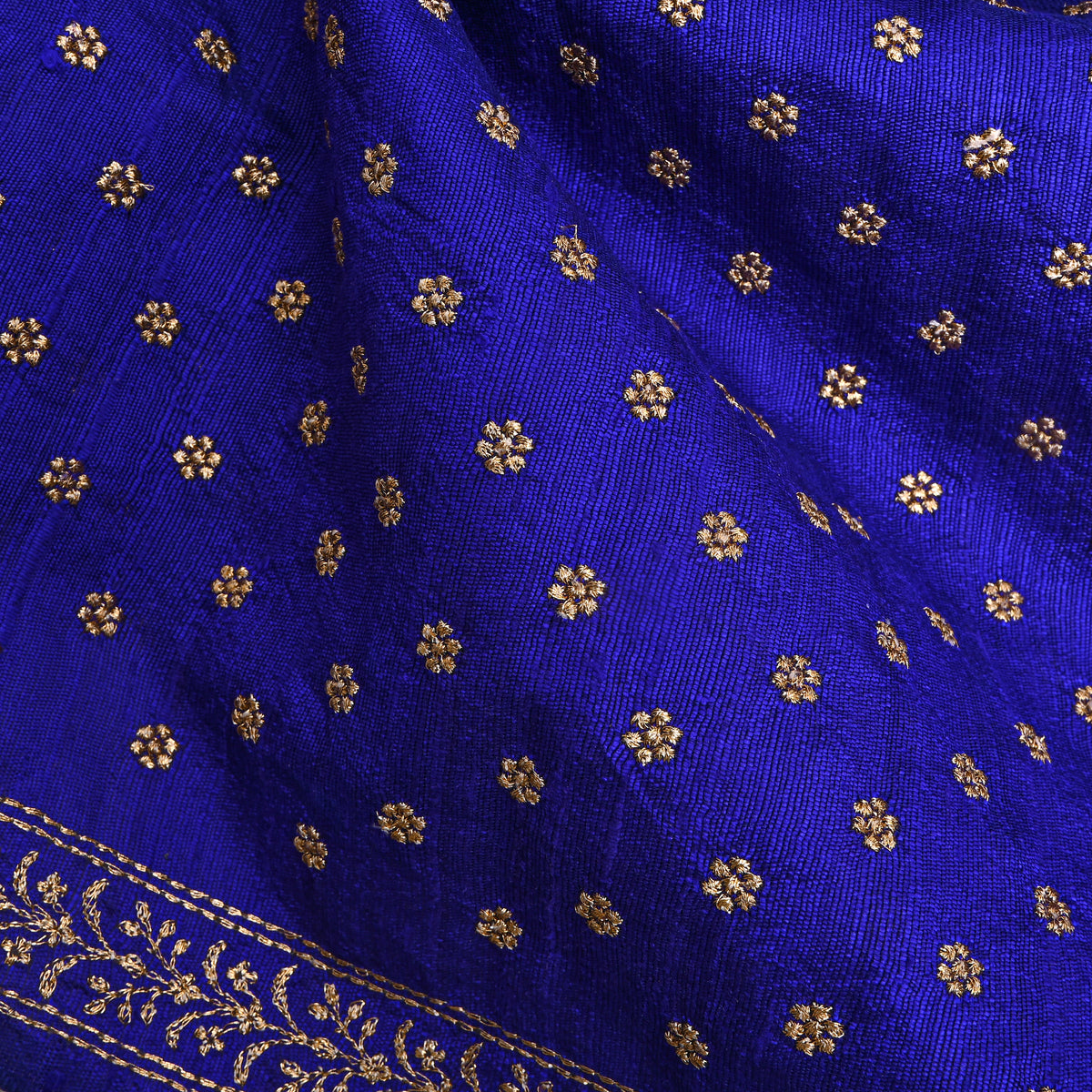 Denim Blue Gold Zari Butti Raw Silk Fabric