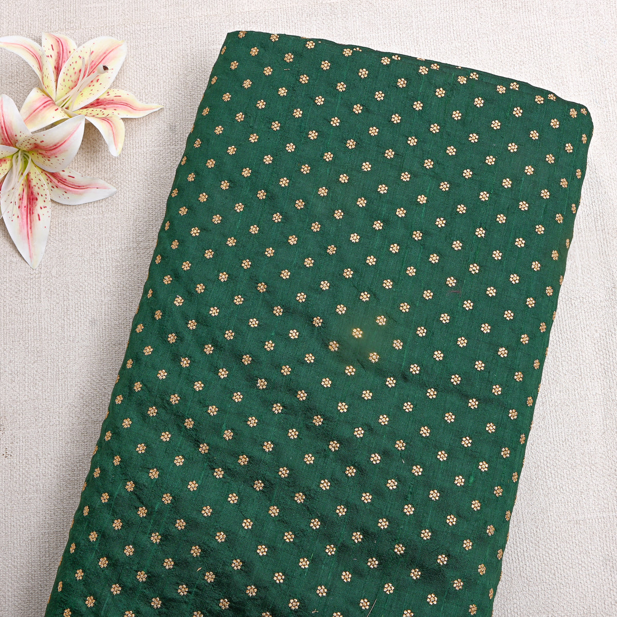 Forest Green Gold Zari Butti Raw Silk Fabric
