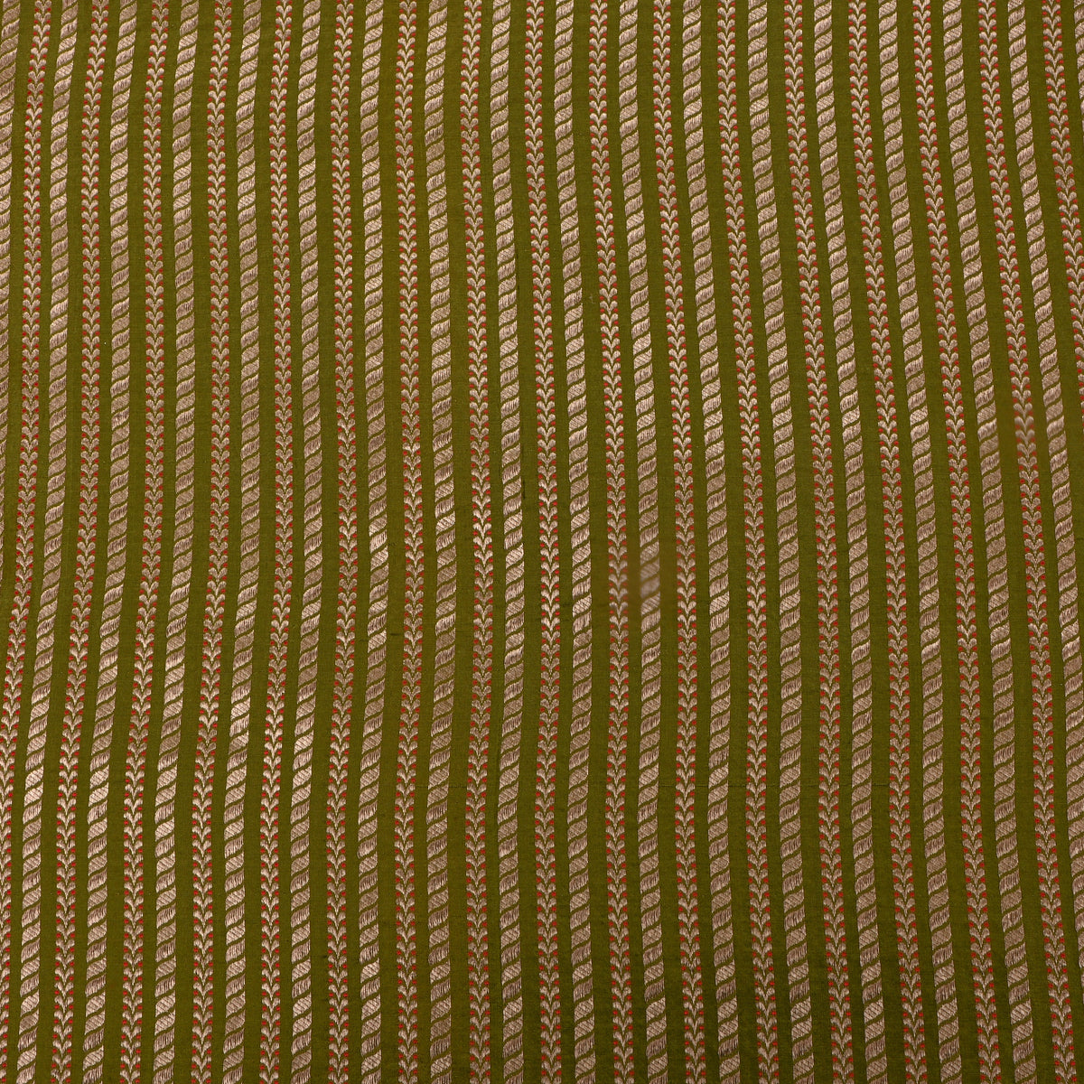 Olive Green Gold Striped Leaf Weave Banarasi Silk Fabric