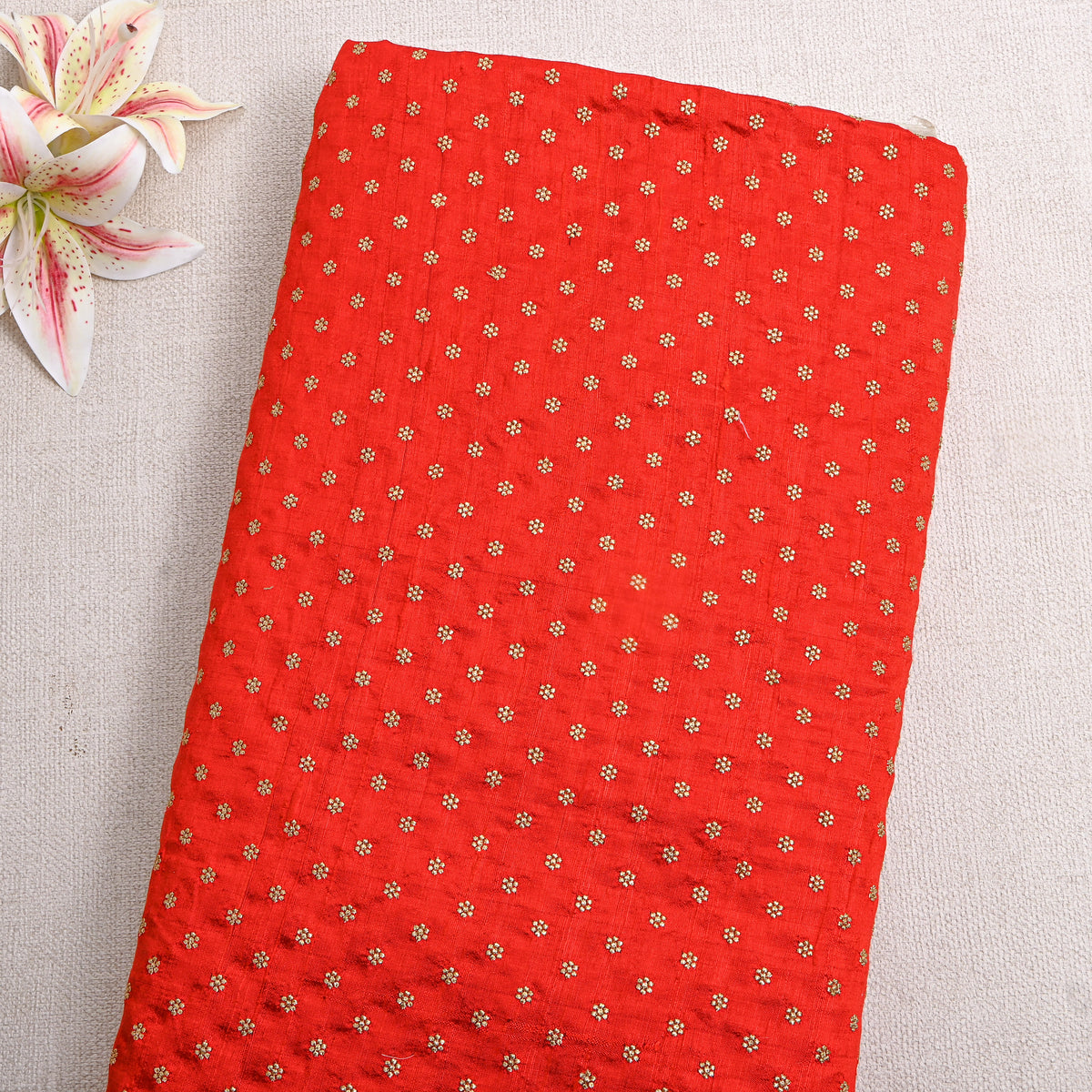 Cherry Red Gold Zari Butti Raw Silk Fabric